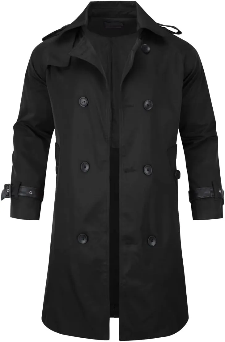 AOWOFS Men's Double Breasted Trench Coat Stylish Slim Fit Mid Long Belted Windbreaker