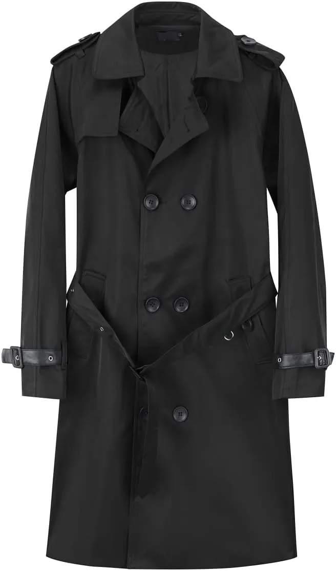 AOWOFS Men's Double Breasted Trench Coat Stylish Slim Fit Mid Long Belted Windbreaker