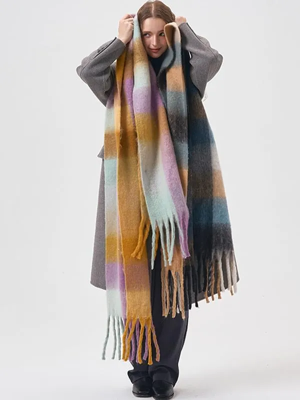 BAIMORE Women's Chic Color Block Checked Warm Cashmere Feel Large Shawl Scarf with Tassel