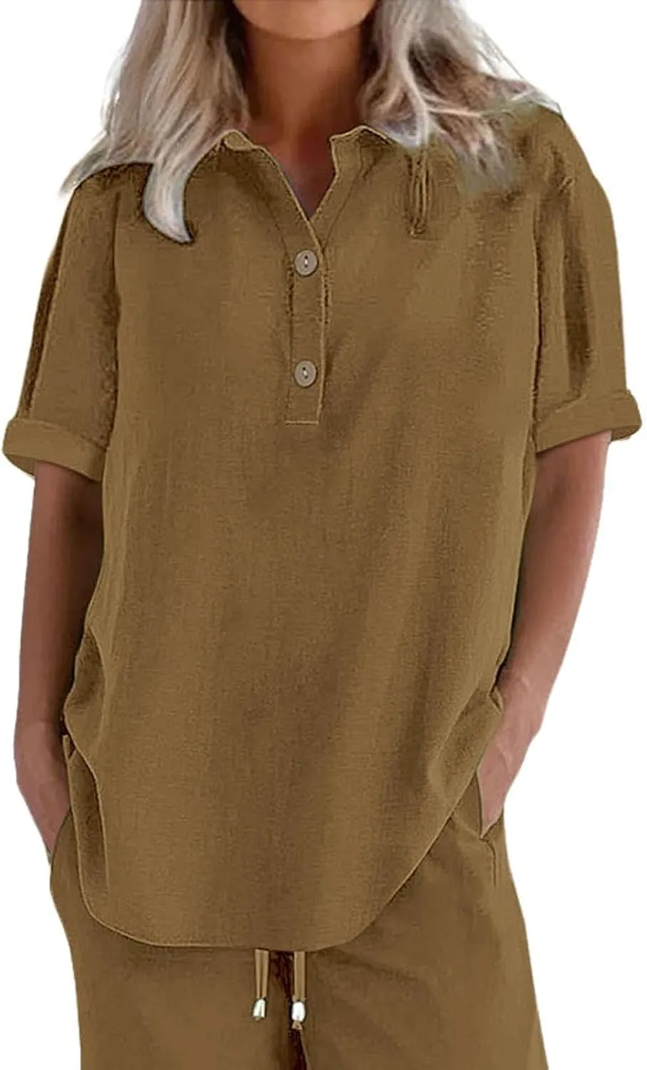 Button Cotton Linen Shirt - Women's 3/4 Sleeve Tee Solid Color Lightweight Breathable Tops for Vacation