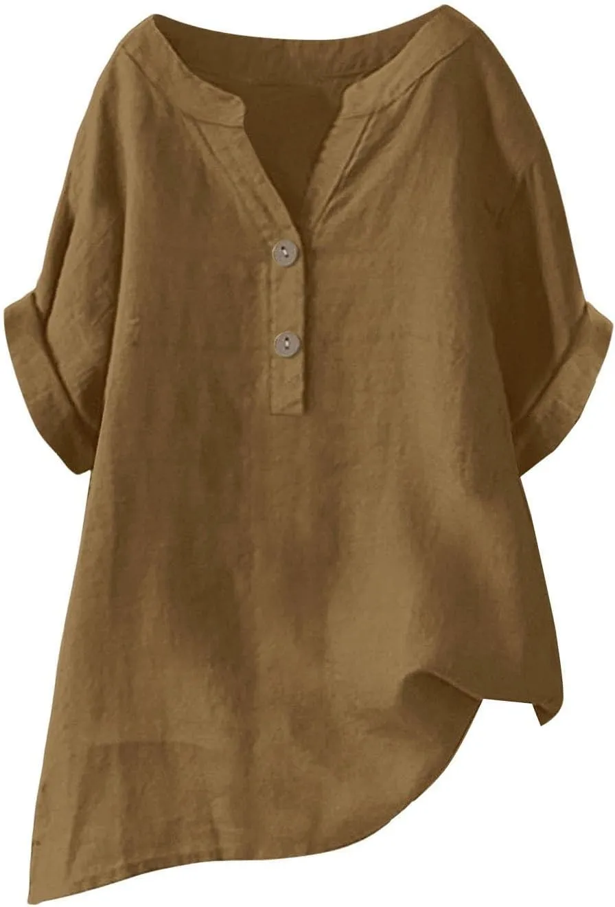 Button Cotton Linen Shirt - Women's 3/4 Sleeve Tee Solid Color Lightweight Breathable Tops for Vacation
