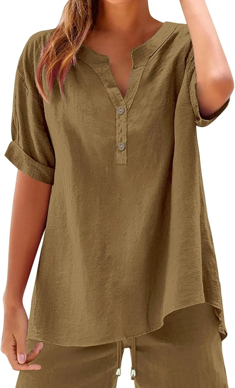 Button Cotton Linen Shirt - Women's 3/4 Sleeve Tee Solid Color Lightweight Breathable Tops for Vacation