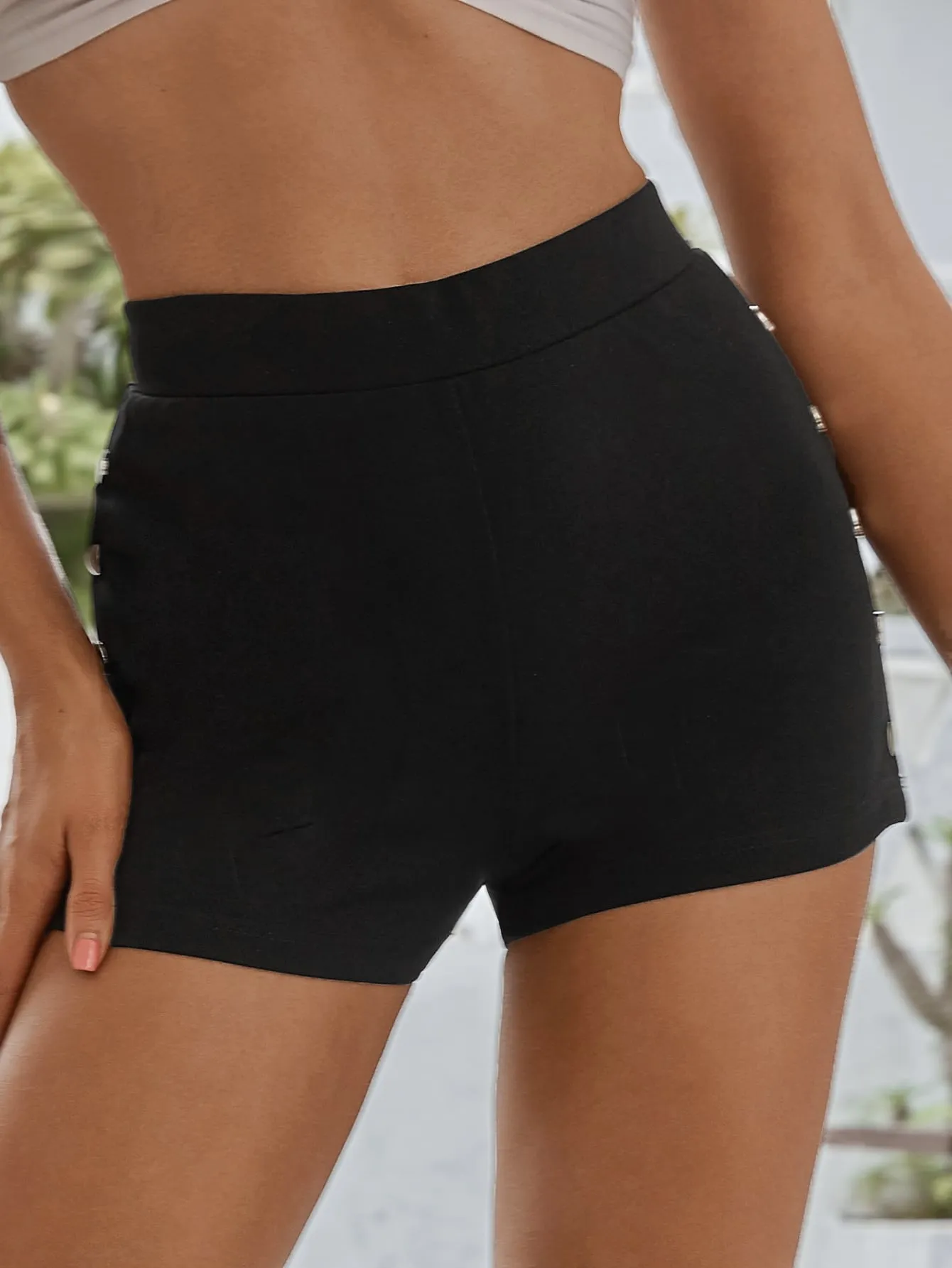 Casual Plain Button High Waist Women Shorts
