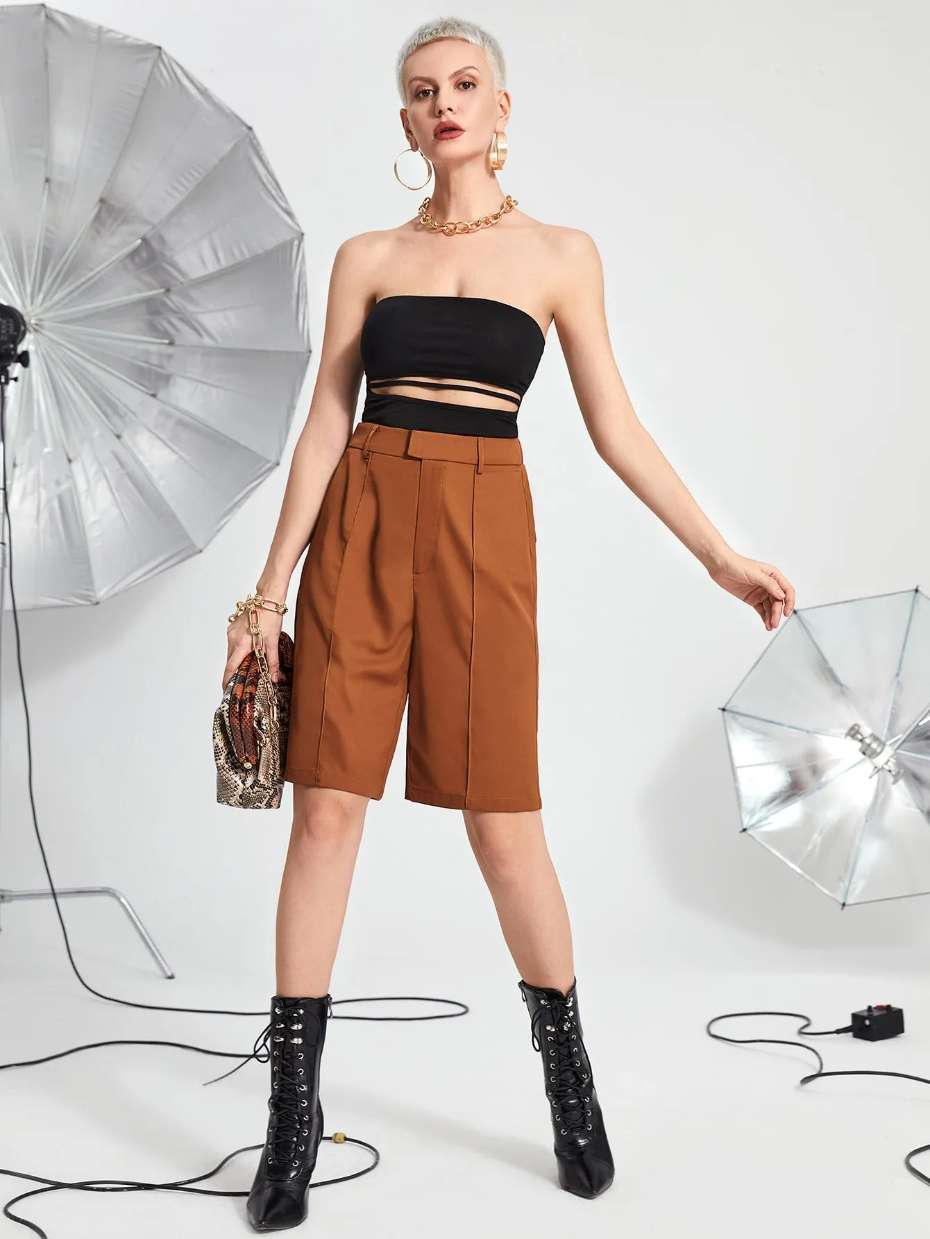 Casual Plain Zipper Natural Womens Shorts