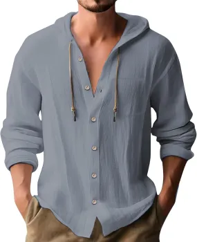 Cotton Linen Hoodies for Men Casual Lightweight Breathable Long Sleeve Button Down Hooded Beach Hippie T Shirts