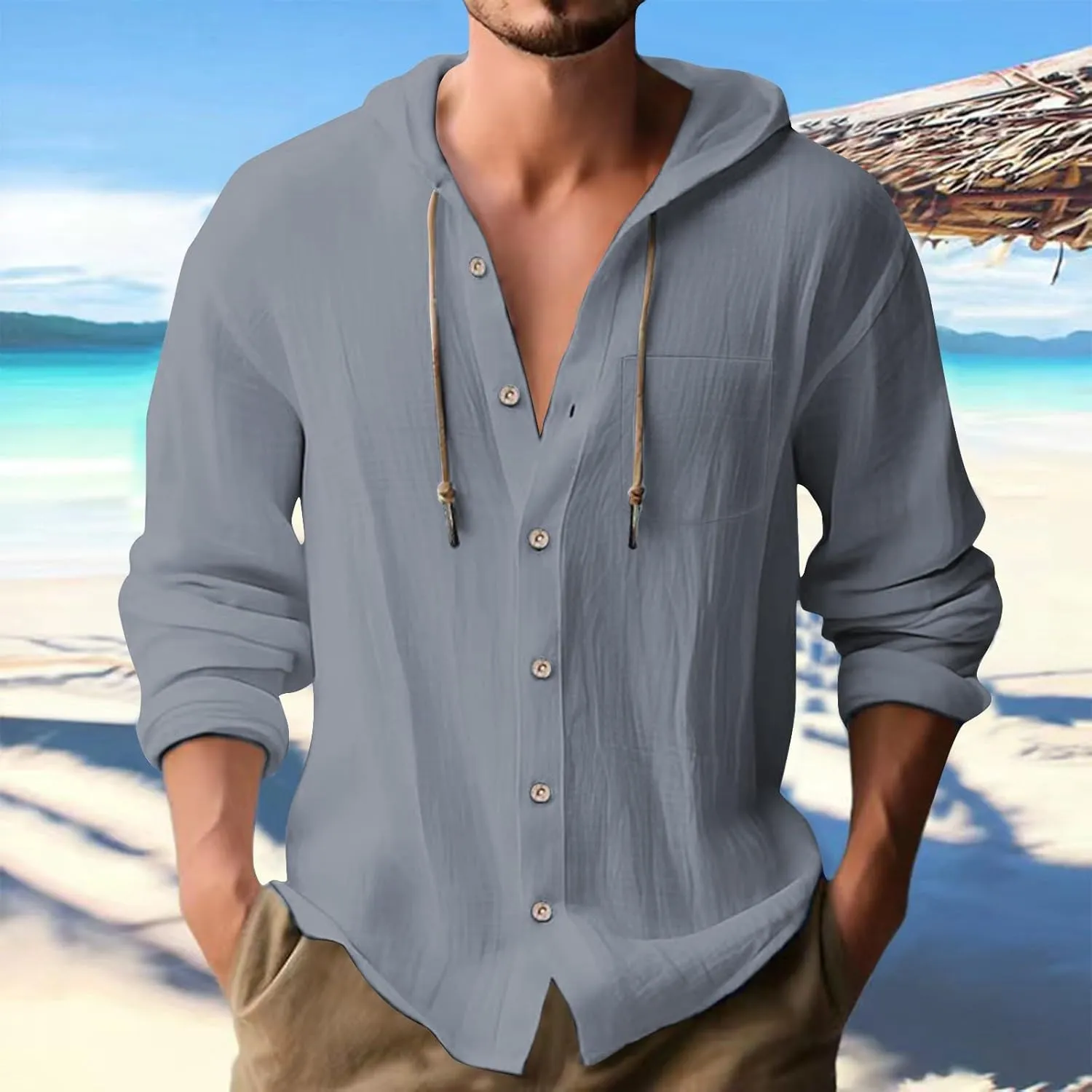 Cotton Linen Hoodies for Men Casual Lightweight Breathable Long Sleeve Button Down Hooded Beach Hippie T Shirts