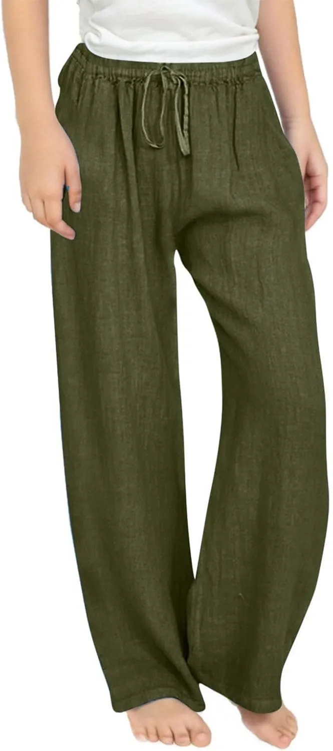 Cotton Linen Pants for Girls Summer Lightweight Wide Leg Flowy Trousers 2025 Fashion Drawstring Elastic Waist Slacks