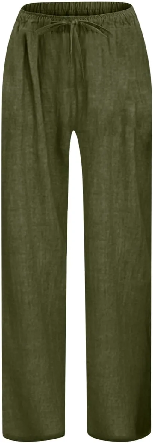 Cotton Linen Pants for Girls Summer Lightweight Wide Leg Flowy Trousers 2025 Fashion Drawstring Elastic Waist Slacks