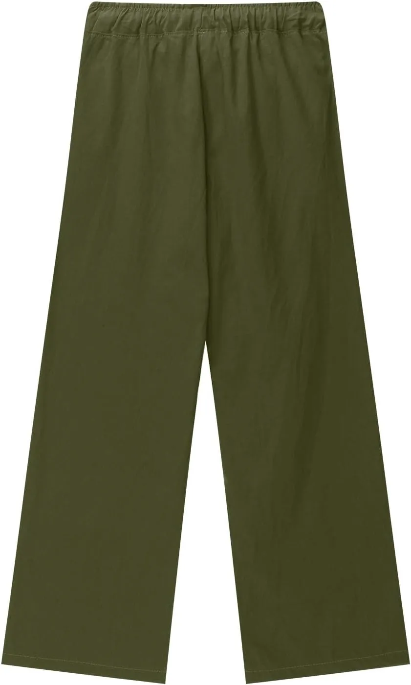 Cotton Linen Pants for Girls Summer Lightweight Wide Leg Flowy Trousers 2025 Fashion Drawstring Elastic Waist Slacks