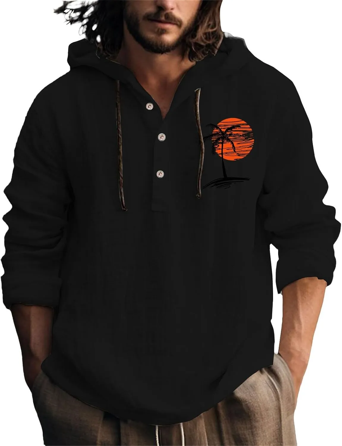 Cotton Linen Shirts for Men Breathable Quick Dry Lace Up Button Down Hooded Pullover Summer Casual Beach Hippie Shirt