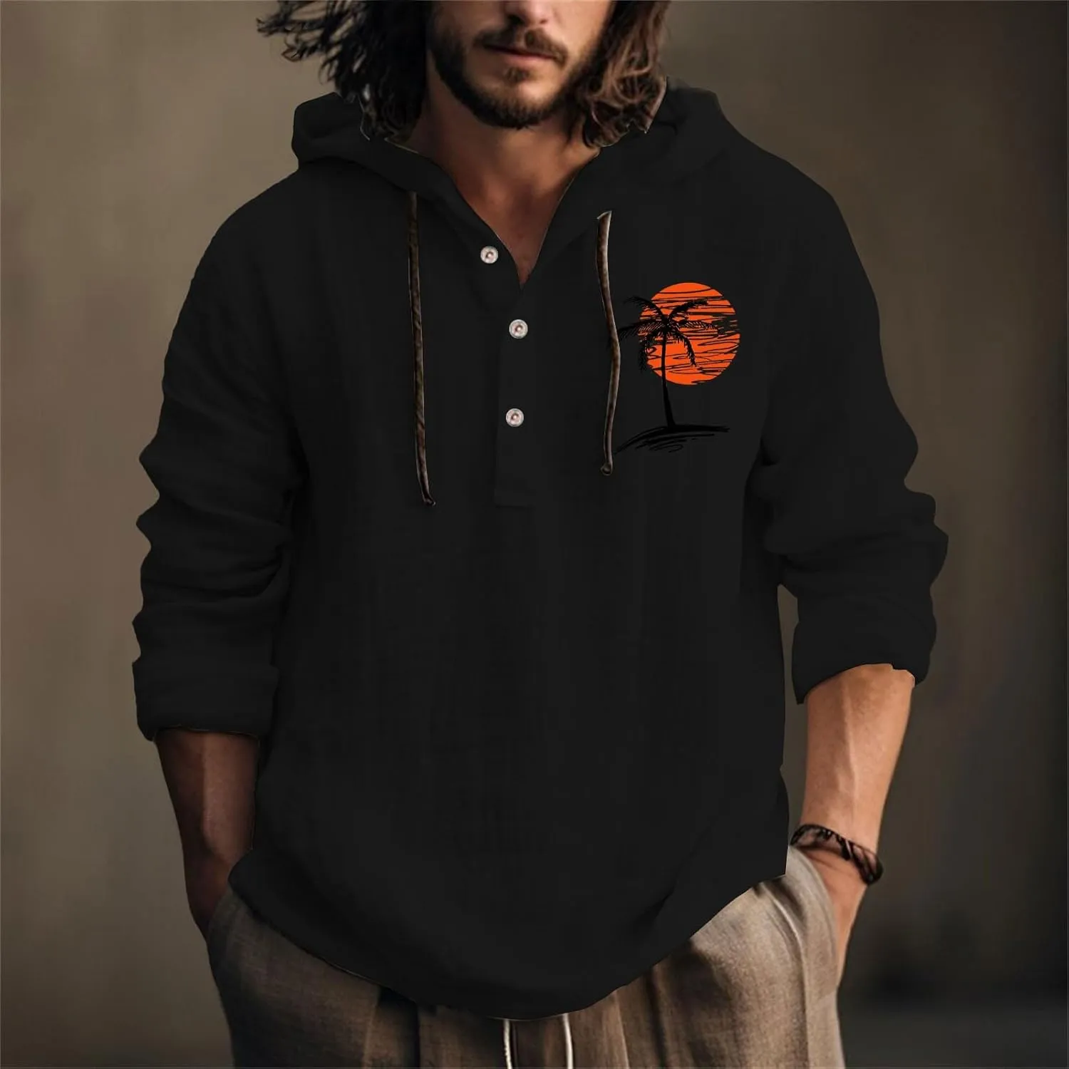 Cotton Linen Shirts for Men Breathable Quick Dry Lace Up Button Down Hooded Pullover Summer Casual Beach Hippie Shirt