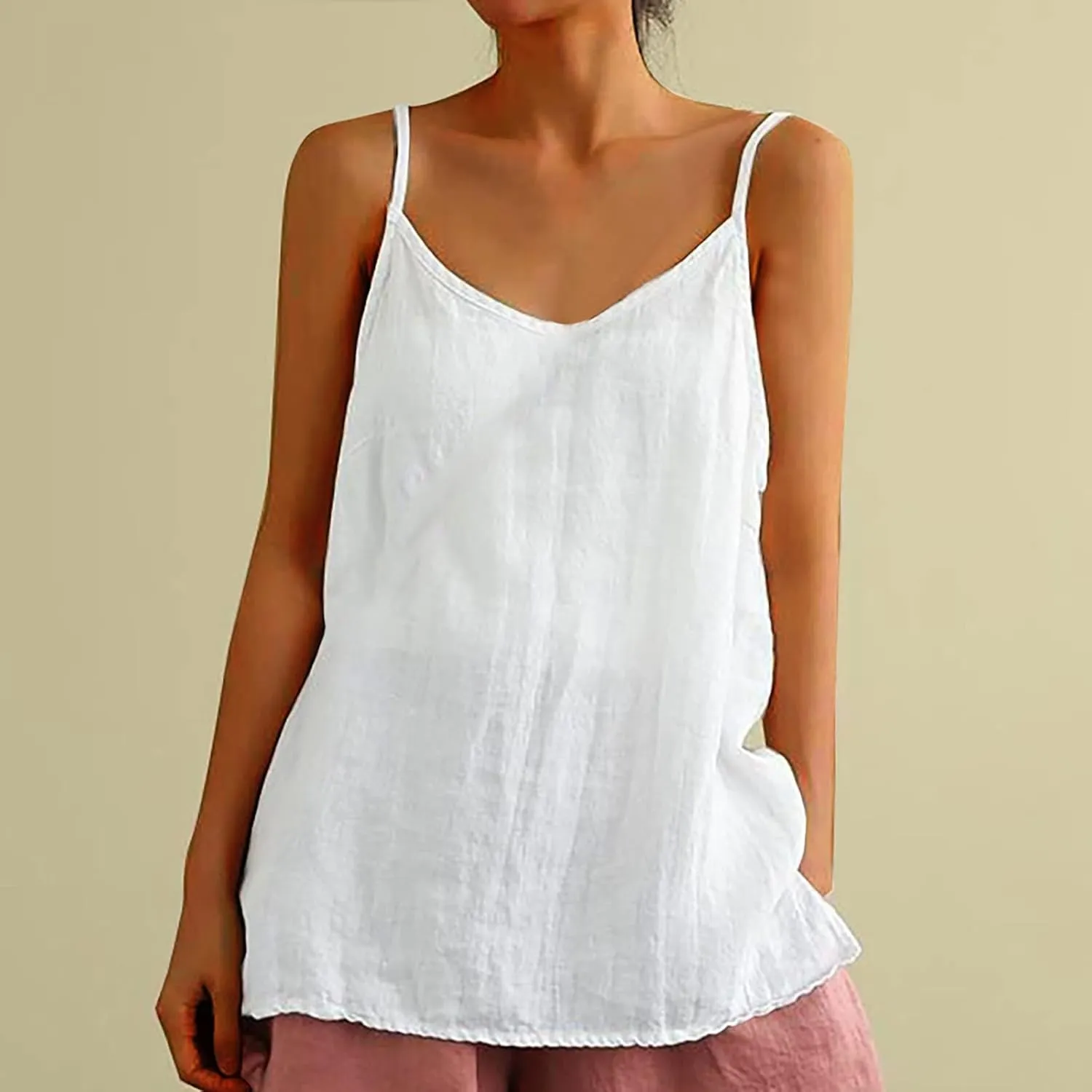 Cotton Linen Tank Tops for Women Spaghetti Strap Casual Sleeveless Summer T Shirts Comfy Breathable Loose Blouse