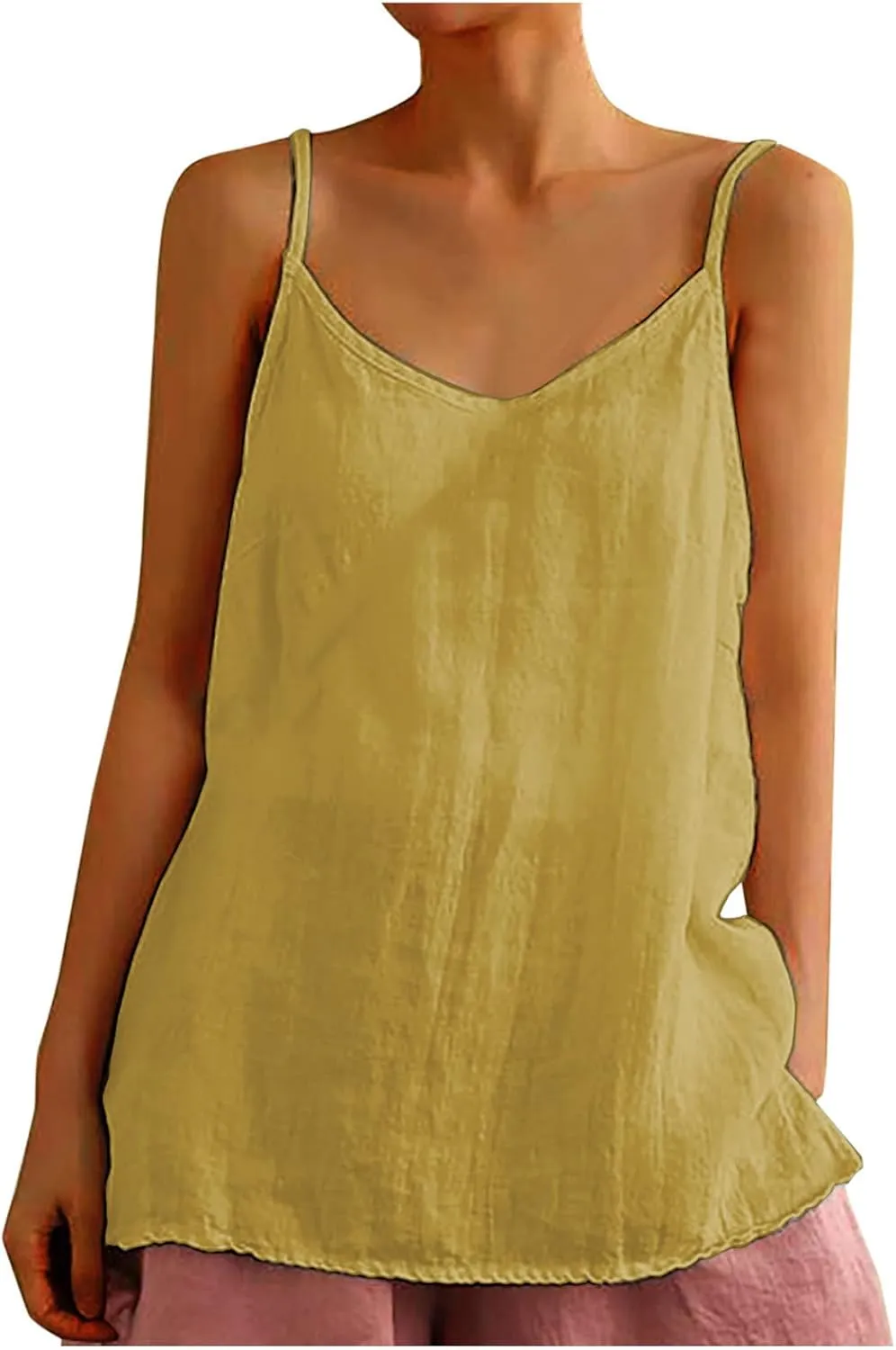 Cotton Linen Tank Tops for Women Spaghetti Strap Casual Sleeveless Summer T Shirts Comfy Breathable Loose Blouse