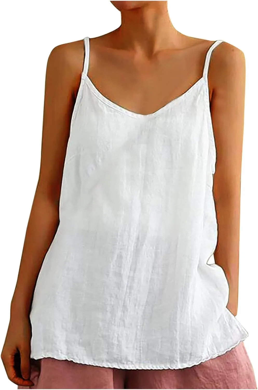 Cotton Linen Tank Tops for Women Spaghetti Strap Casual Sleeveless Summer T Shirts Comfy Breathable Loose Blouse