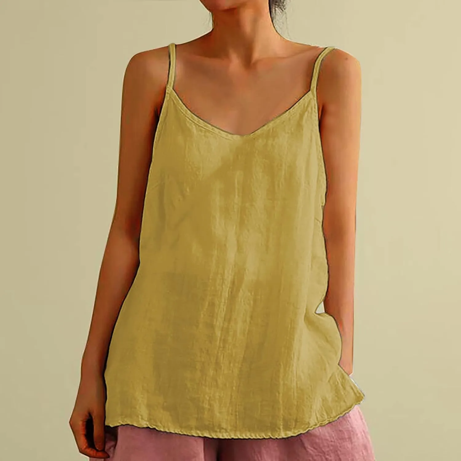 Cotton Linen Tank Tops for Women Spaghetti Strap Casual Sleeveless Summer T Shirts Comfy Breathable Loose Blouse
