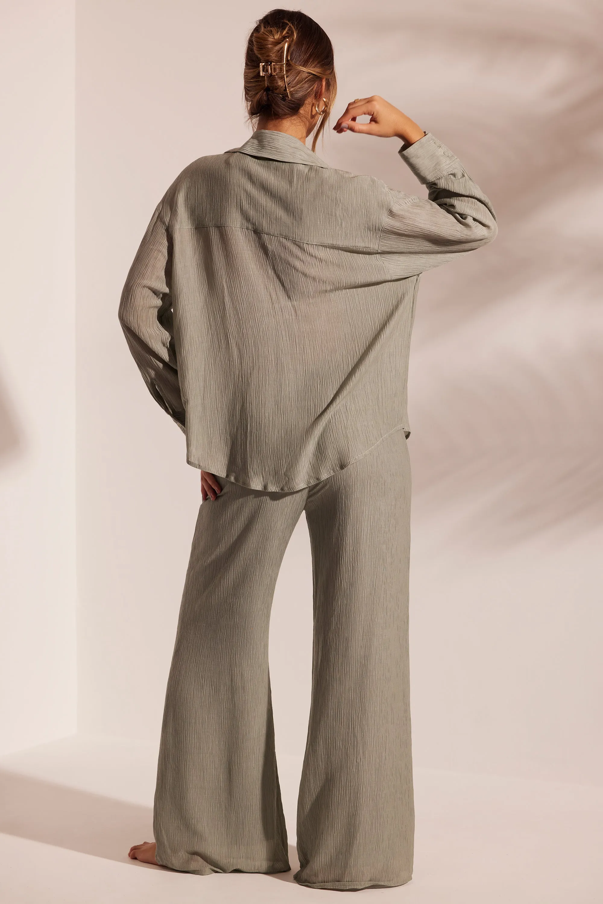Crinkle Textured Oversized Beach Shirt in Light Green