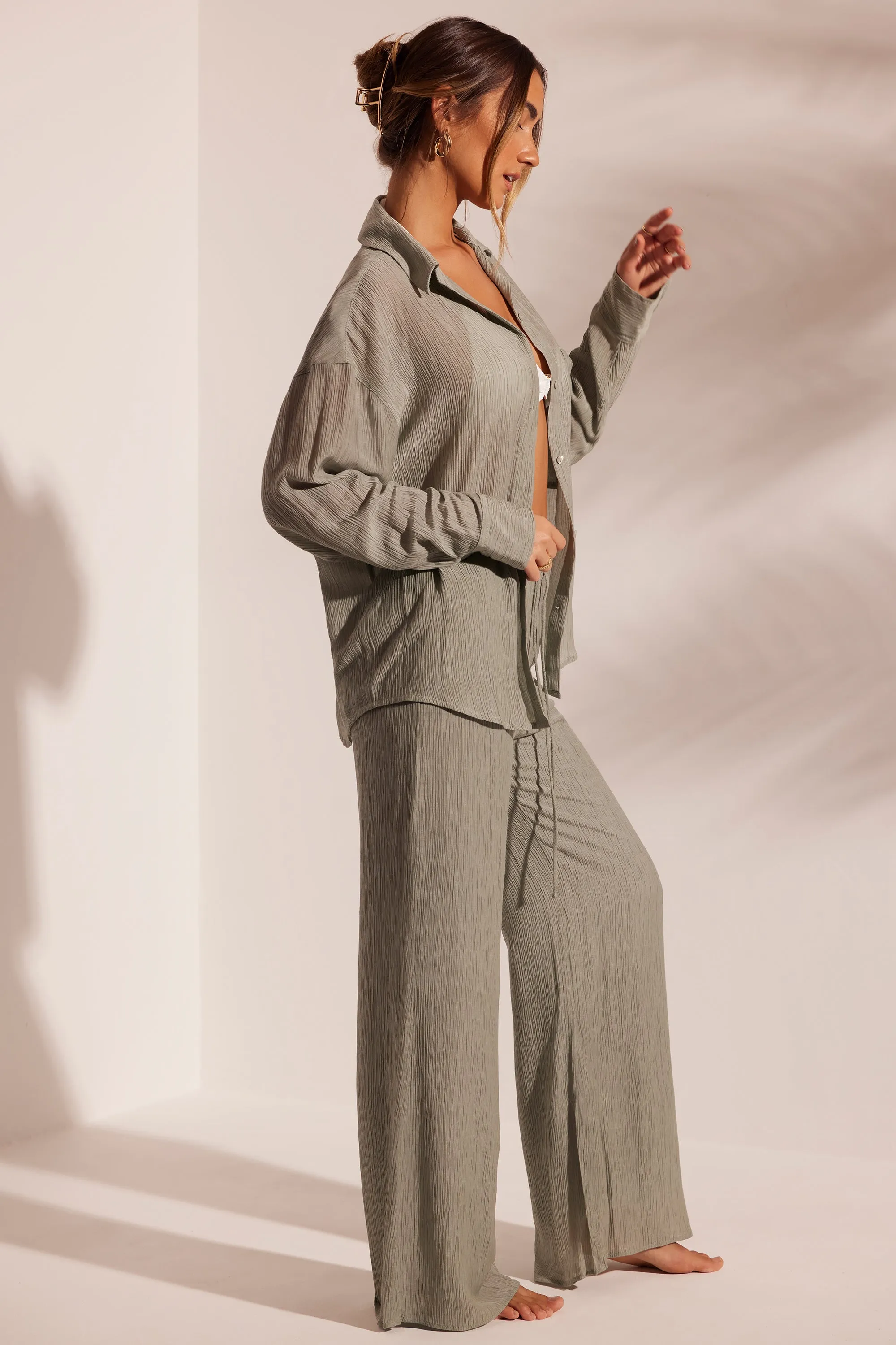 Crinkle Textured Oversized Beach Shirt in Light Green