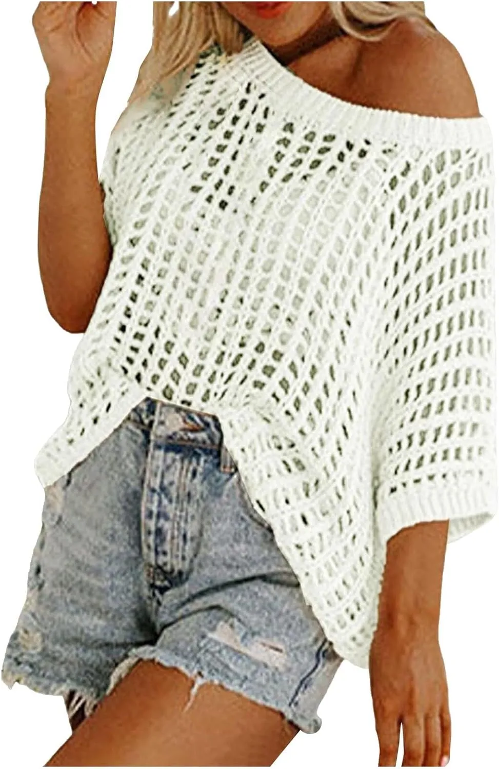 Crochet Tops for Women Summer Scoop Neck Off Shoulder Sweater Beach Coverup Short Sleeve Hollow Out Knit Pullover Top