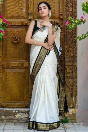 Denouement Off White Soft Silk Saree With Confounding Blouse Piece