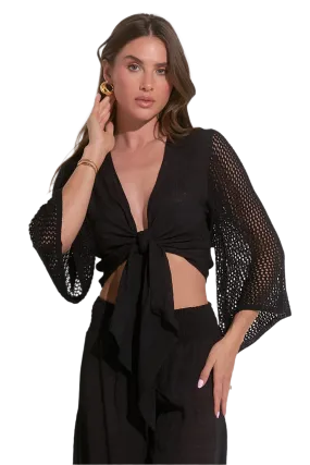 Elan Tie Front Crop Top Coverup - Black
