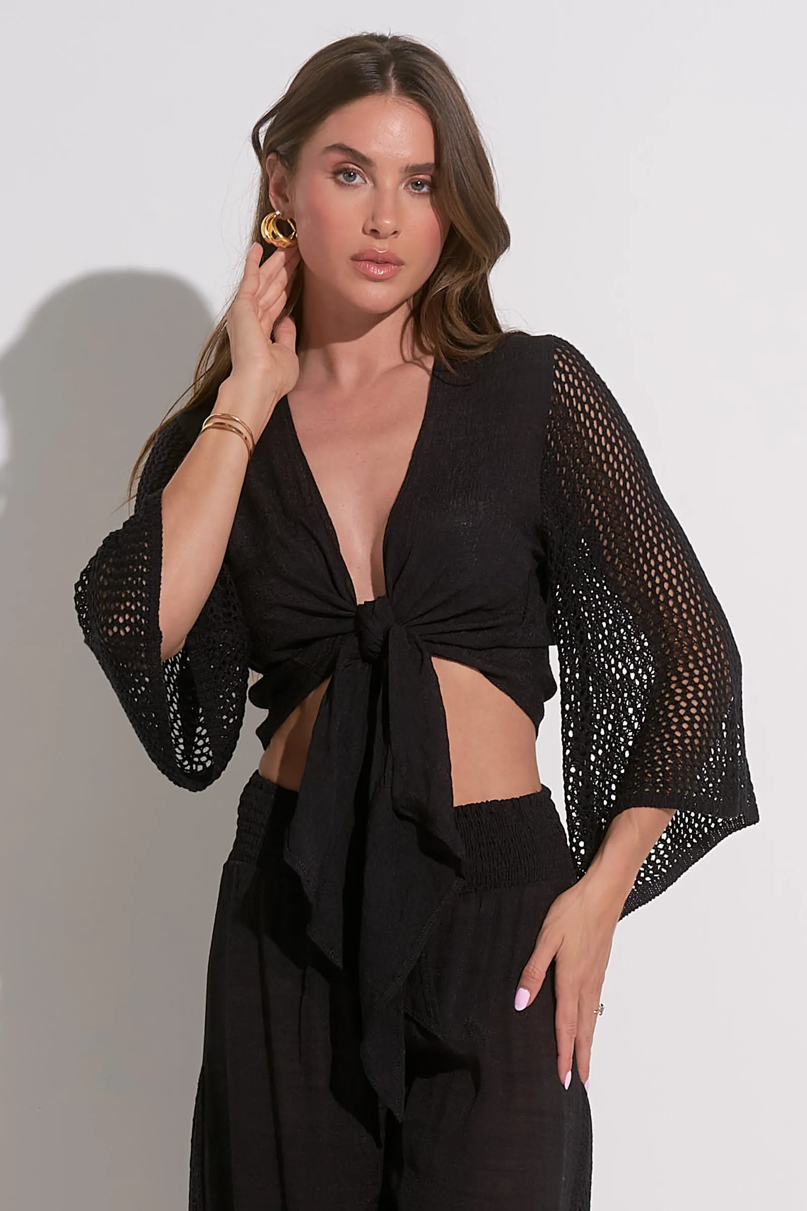 Elan Tie Front Crop Top Coverup - Black