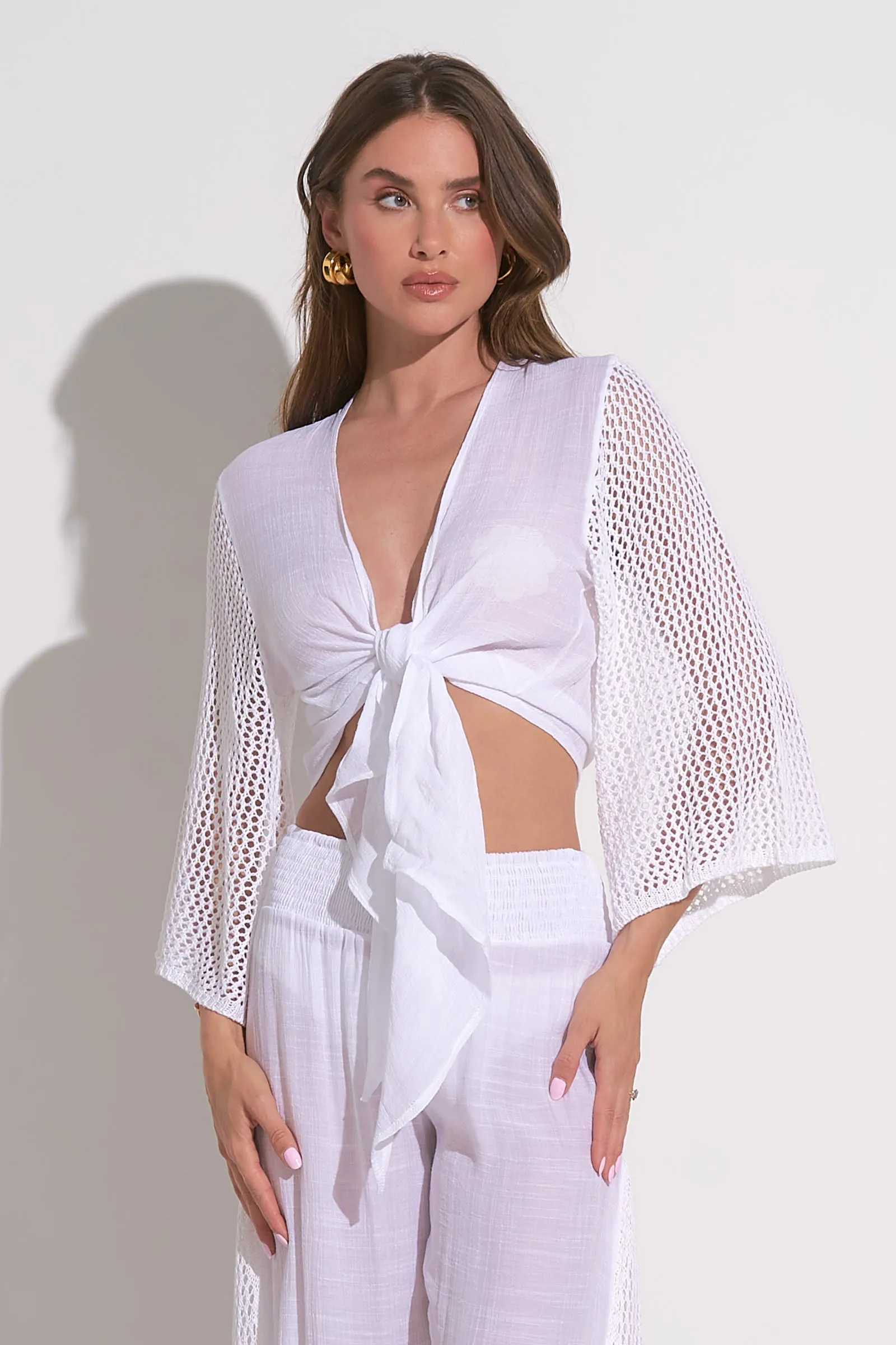 Elan Tie Front Crop Top Coverup - White