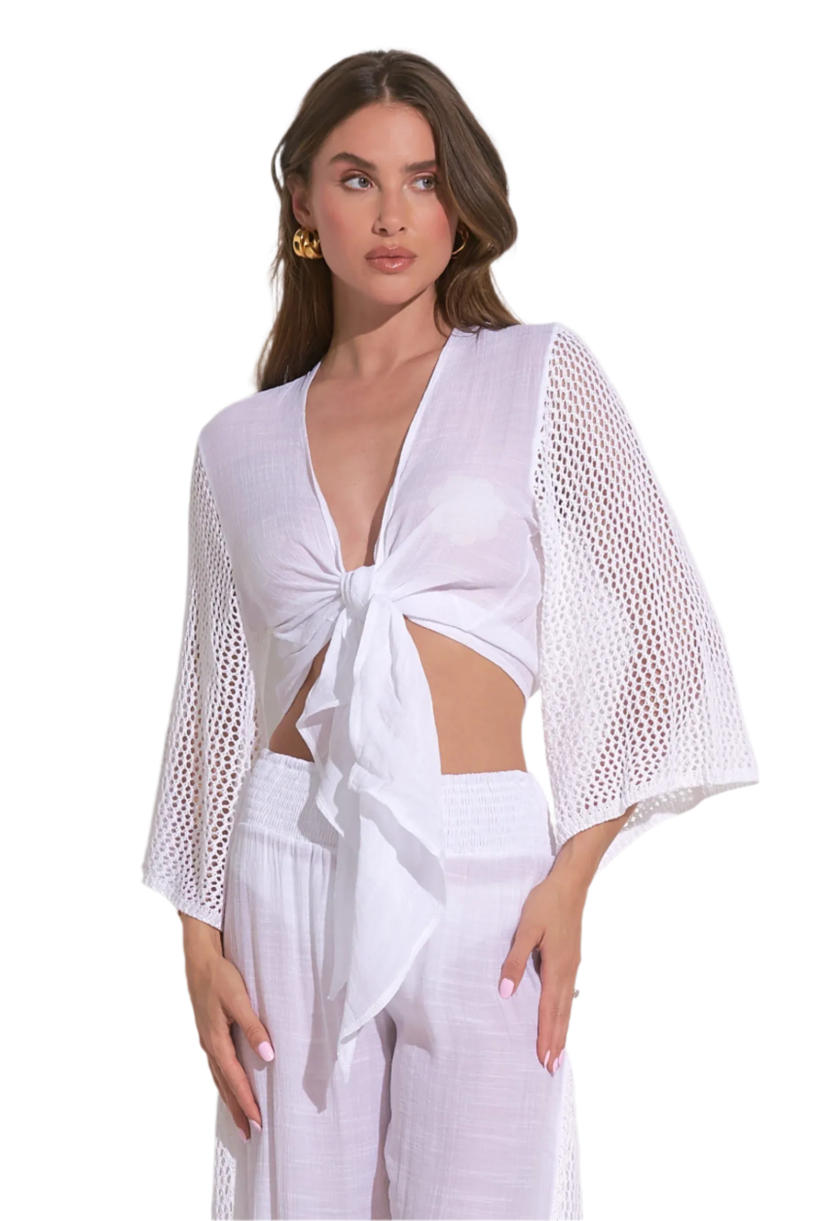 Elan Tie Front Crop Top Coverup - White