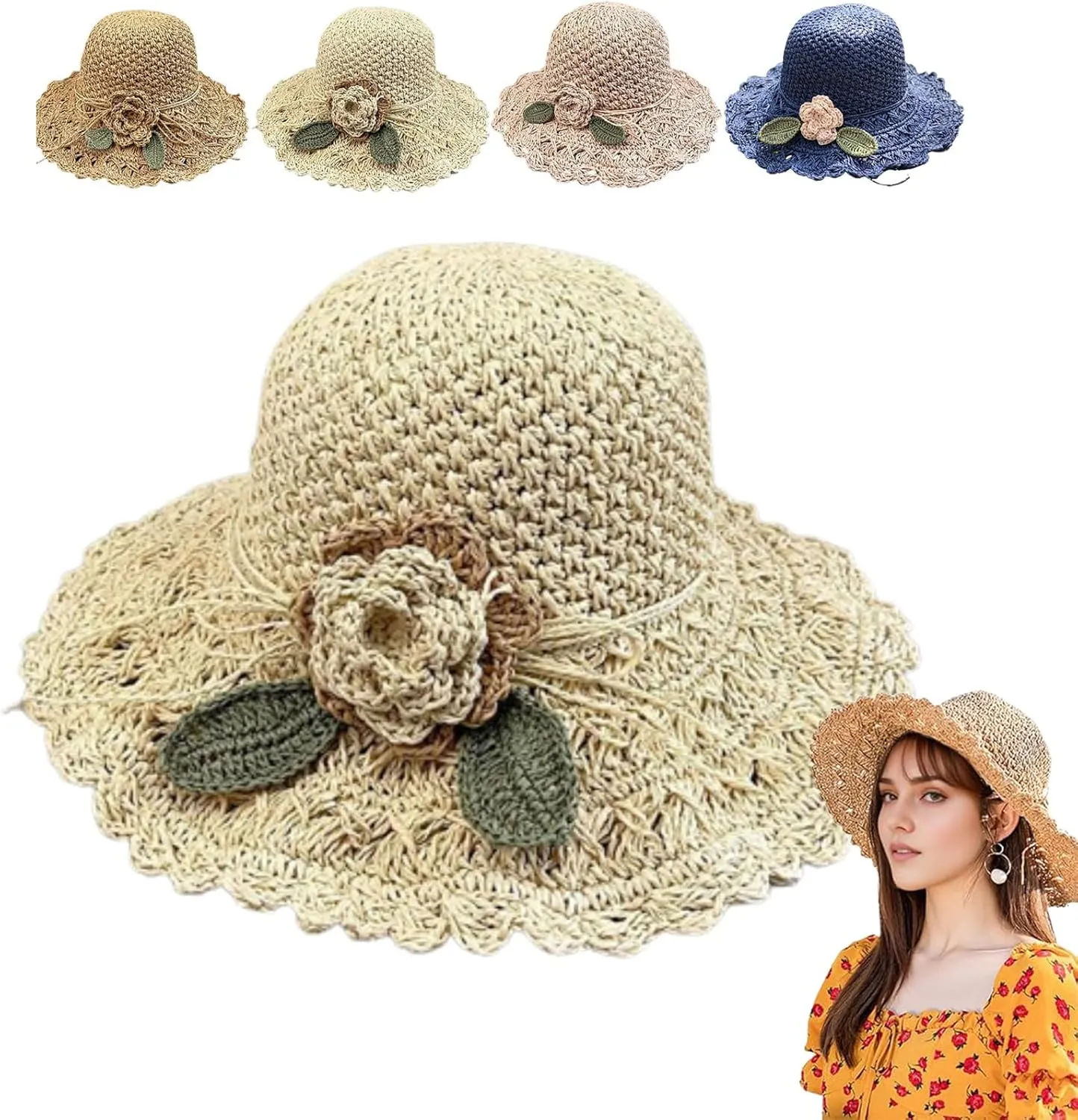 Elegant Crochet Straw Hat with Ruffle Detail, Crochet Ruffle Hats for Women, UV Protection Wide Brim Sun Hat