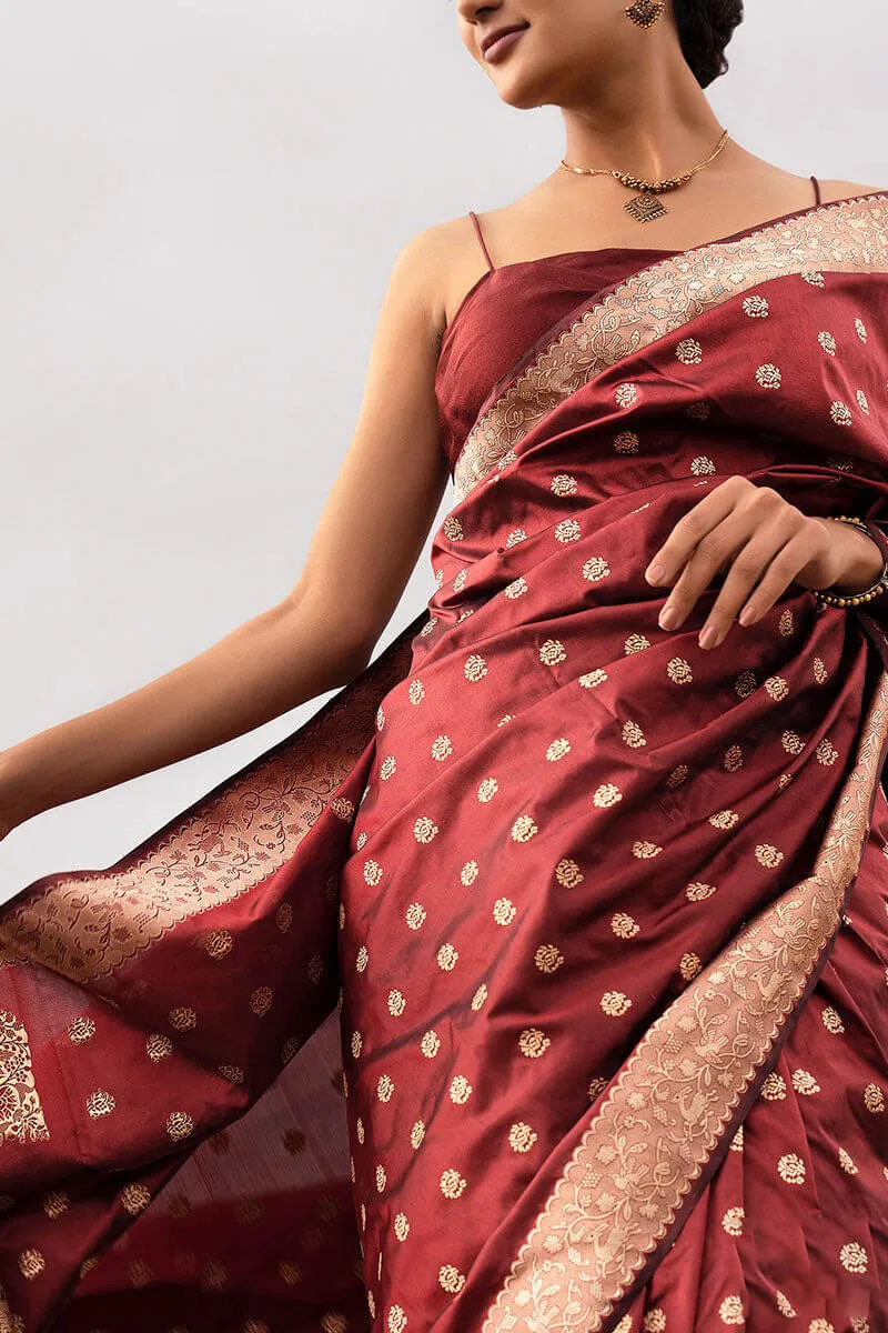 Eloquence Wine Soft Silk Saree With Fantabulous Blouse Pieced