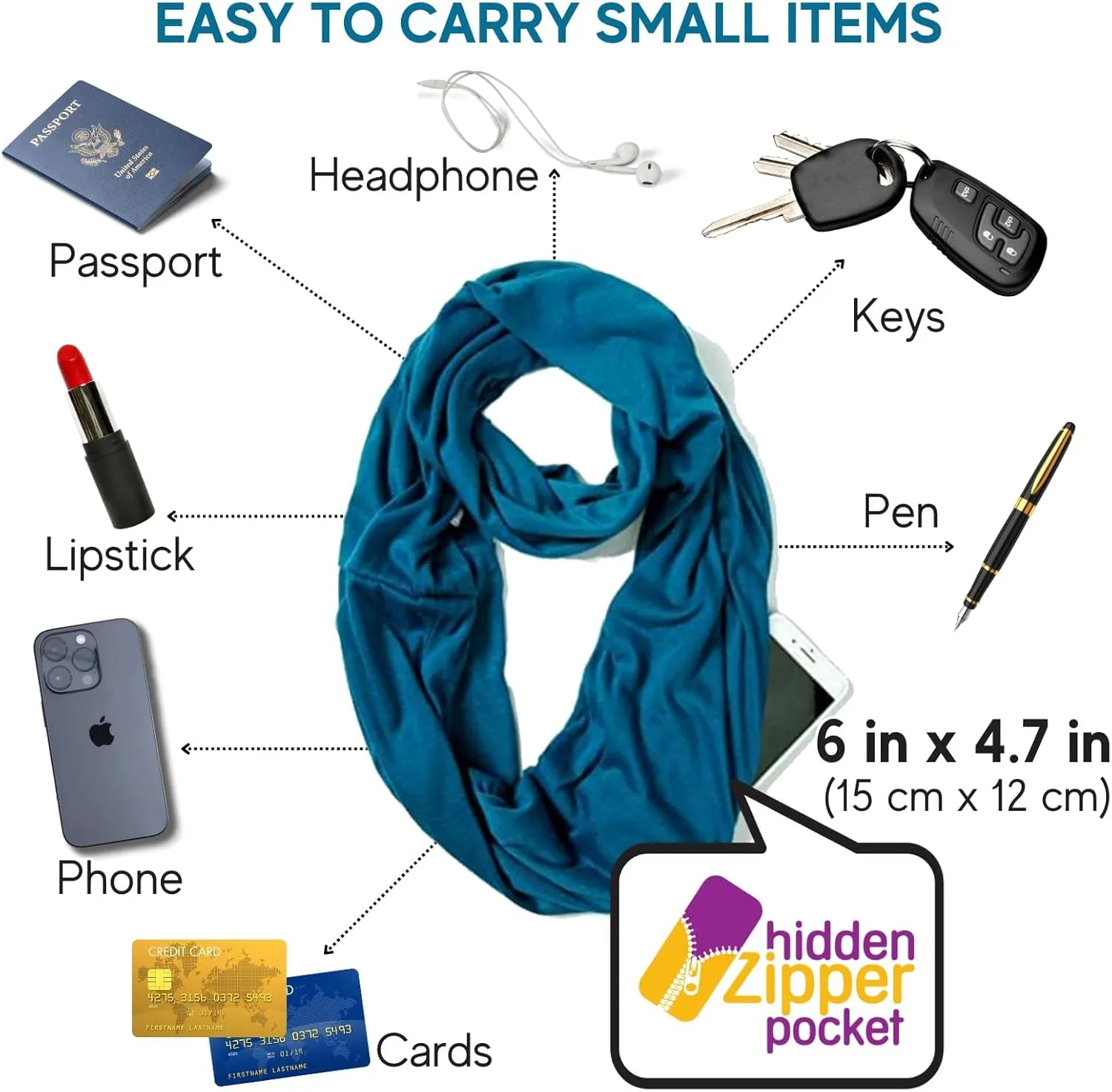 elzama Infinity Loop Solid Color Scarf With Hidden Zipper Pocket For Women - Lightweight Travel Neck Wrap