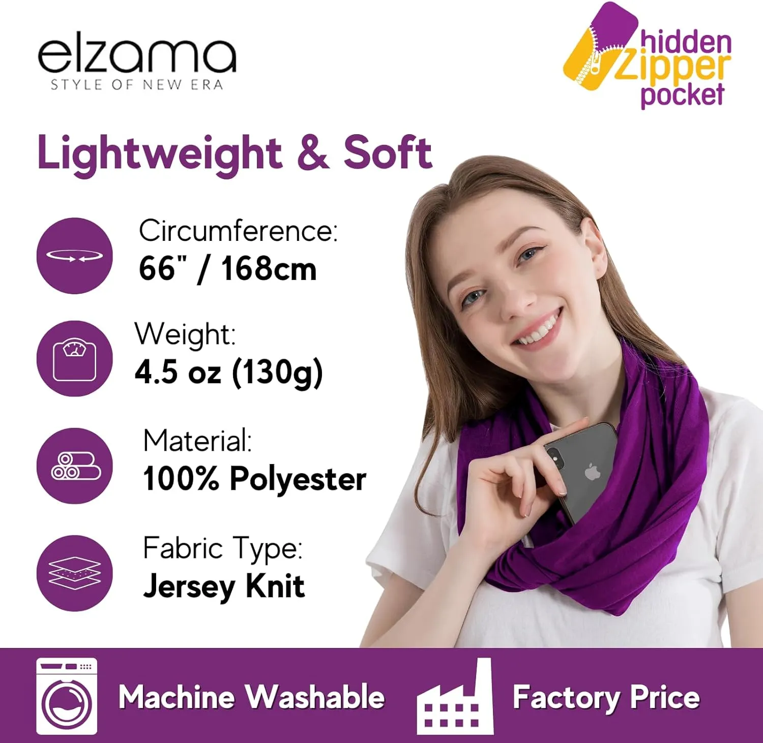 elzama Infinity Loop Solid Color Scarf With Hidden Zipper Pocket For Women - Lightweight Travel Neck Wrap