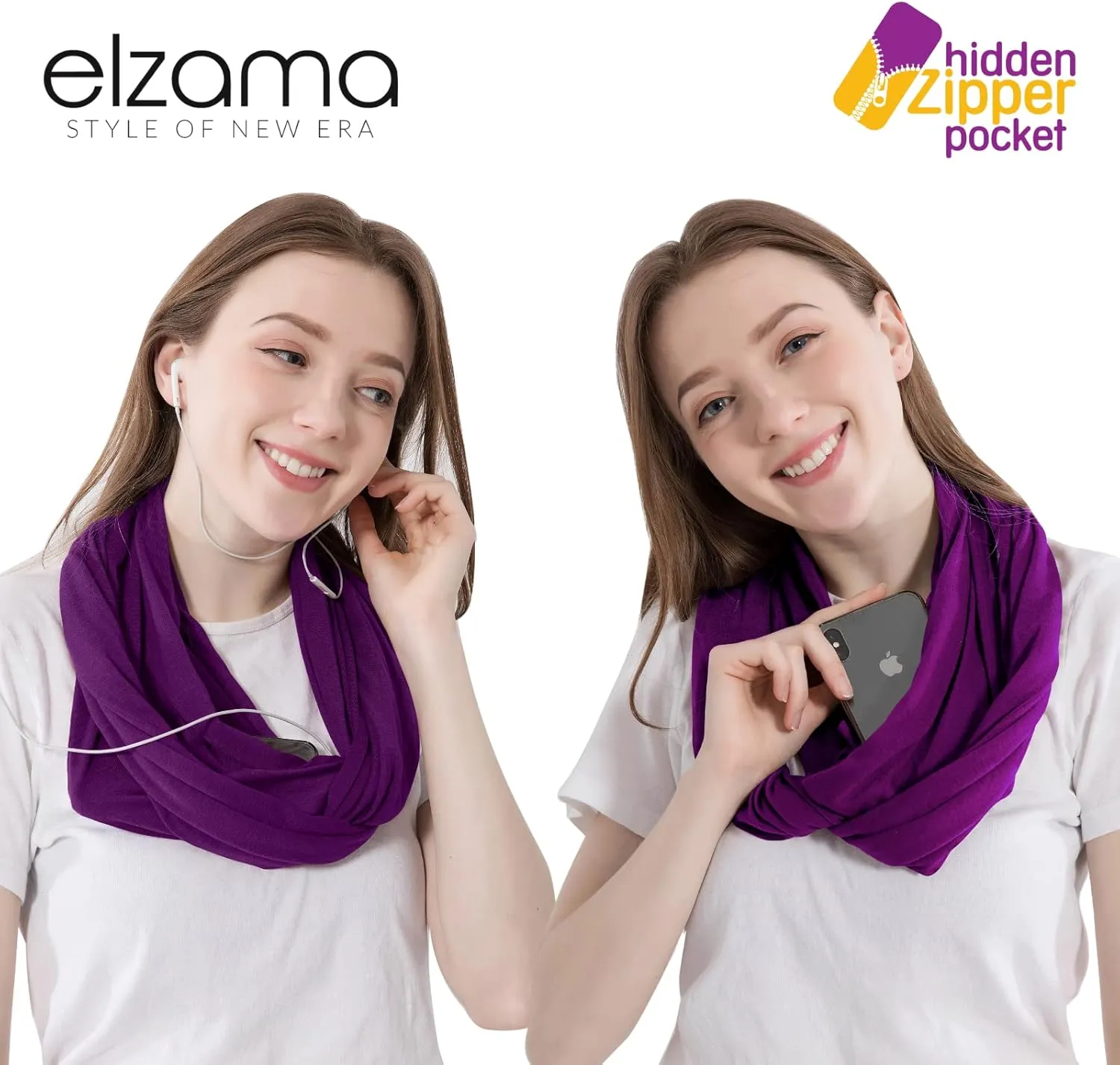 elzama Infinity Loop Solid Color Scarf With Hidden Zipper Pocket For Women - Lightweight Travel Neck Wrap