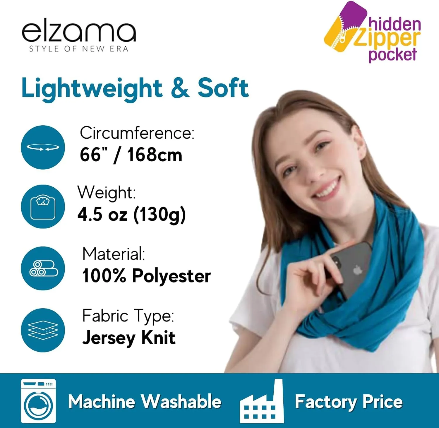 elzama Infinity Loop Solid Color Scarf With Hidden Zipper Pocket For Women - Lightweight Travel Neck Wrap