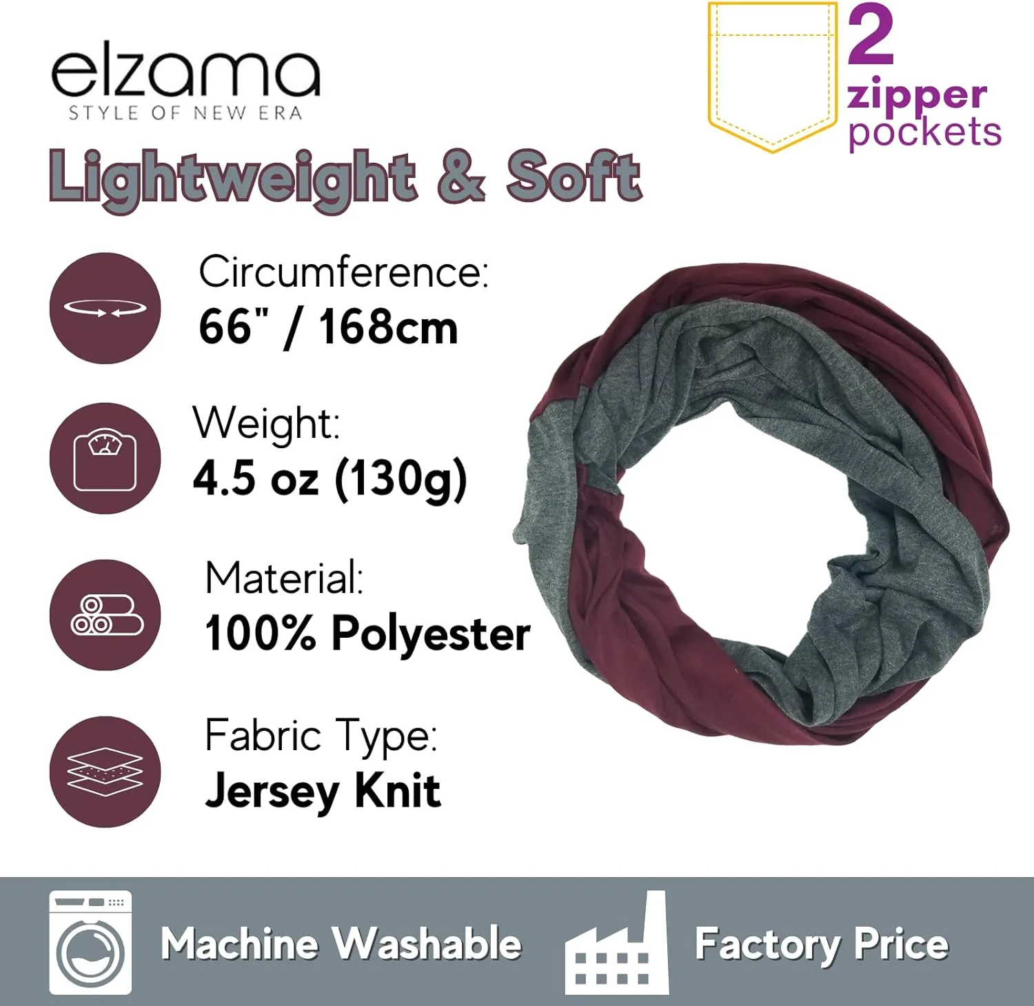 elzama Travel Scarf 2 Hidden Zipper Pocket for Women, Infinity Loop Scarf with Double Zip Pockets, Neck Wrap, Dual Color
