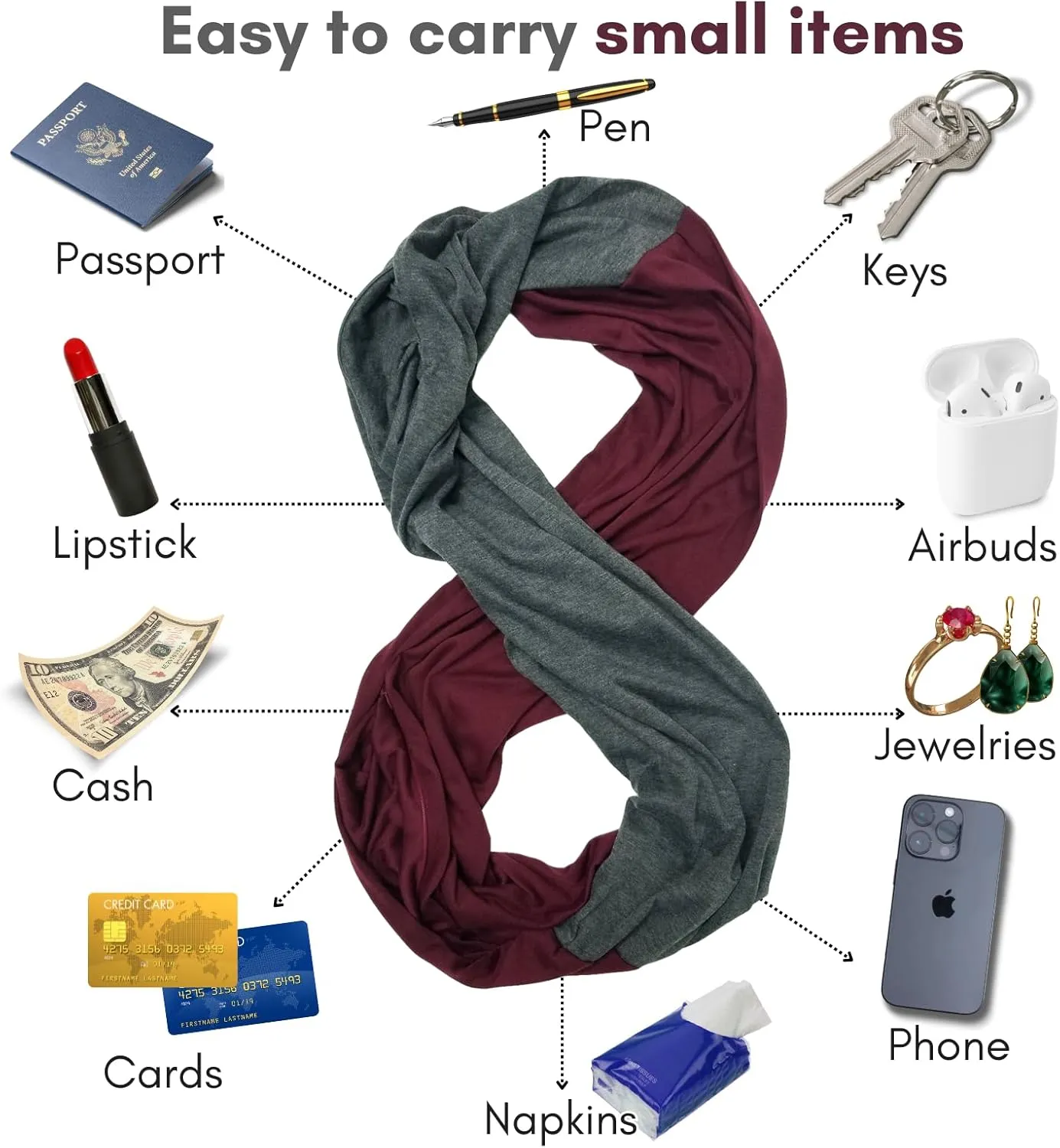 elzama Travel Scarf 2 Hidden Zipper Pocket for Women, Infinity Loop Scarf with Double Zip Pockets, Neck Wrap, Dual Color
