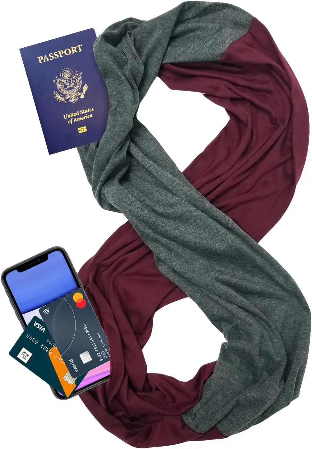 elzama Travel Scarf 2 Hidden Zipper Pocket for Women, Infinity Loop Scarf with Double Zip Pockets, Neck Wrap, Dual Color