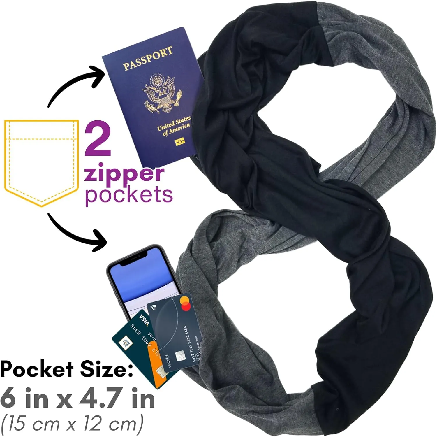 elzama Travel Scarf 2 Hidden Zipper Pocket for Women, Infinity Loop Scarf with Double Zip Pockets, Neck Wrap, Dual Color