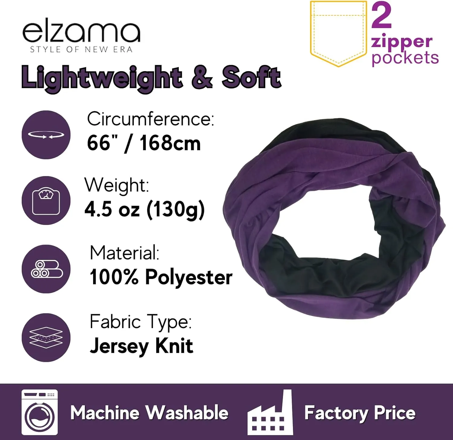 elzama Travel Scarf 2 Hidden Zipper Pocket for Women, Infinity Loop Scarf with Double Zip Pockets, Neck Wrap, Dual Color