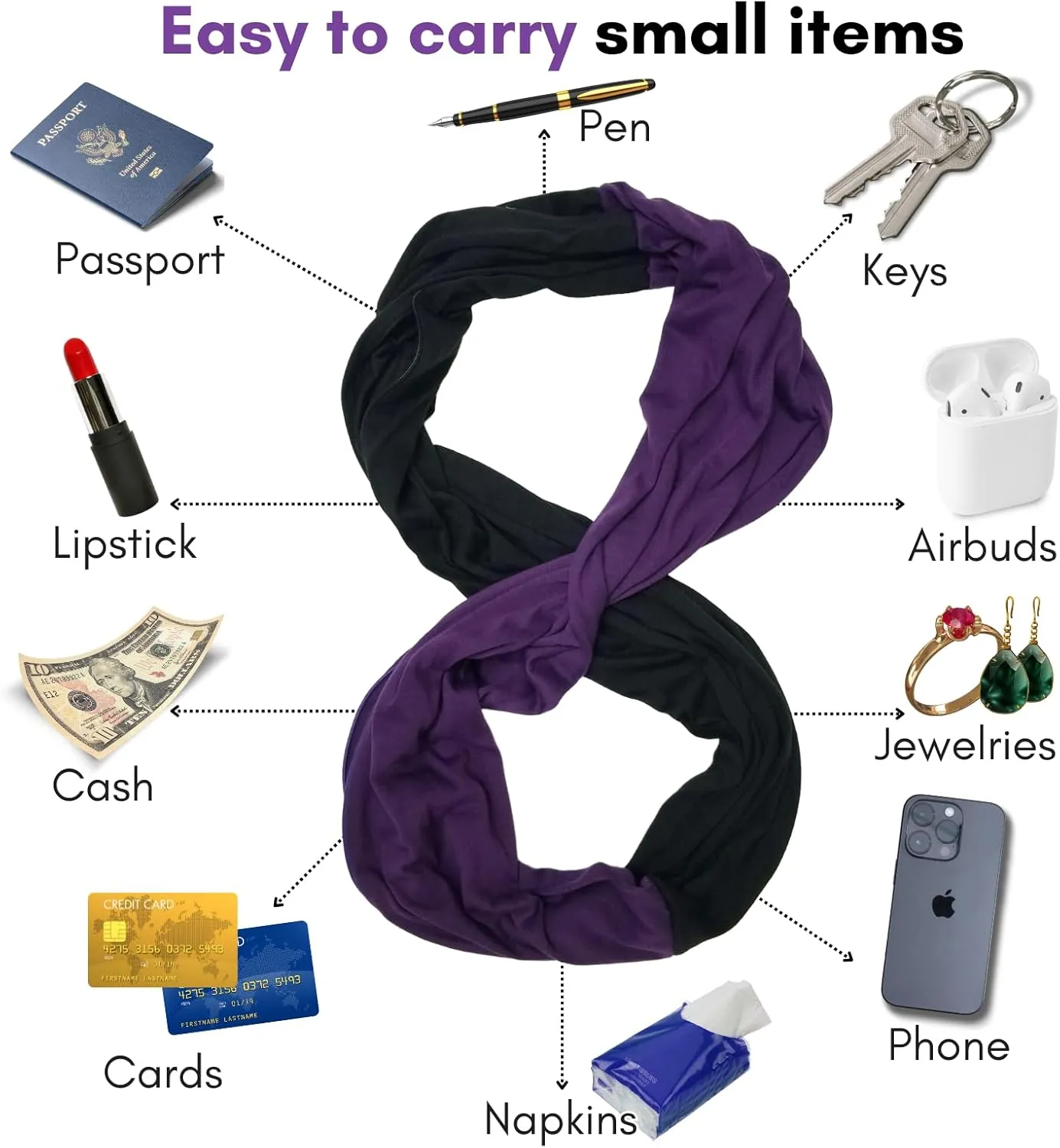 elzama Travel Scarf 2 Hidden Zipper Pocket for Women, Infinity Loop Scarf with Double Zip Pockets, Neck Wrap, Dual Color
