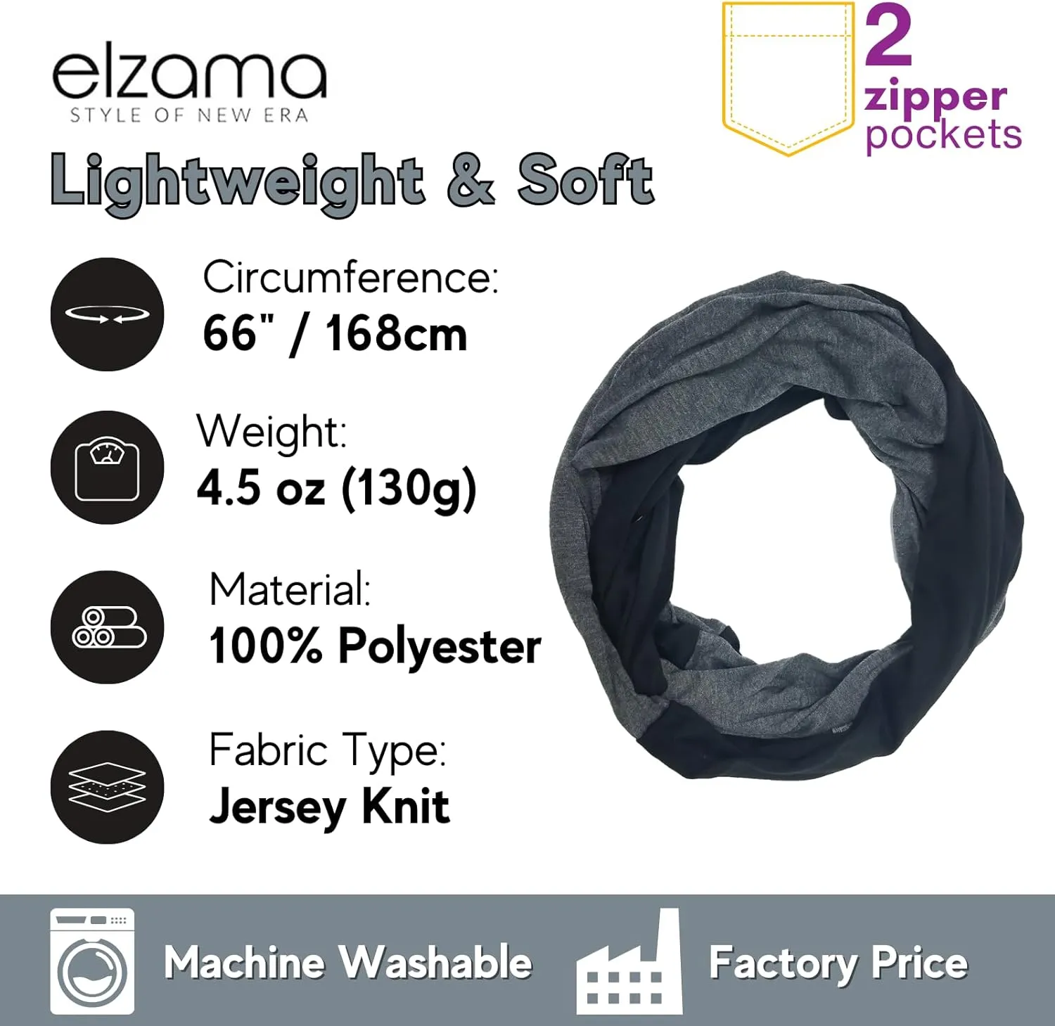 elzama Travel Scarf 2 Hidden Zipper Pocket for Women, Infinity Loop Scarf with Double Zip Pockets, Neck Wrap, Dual Color