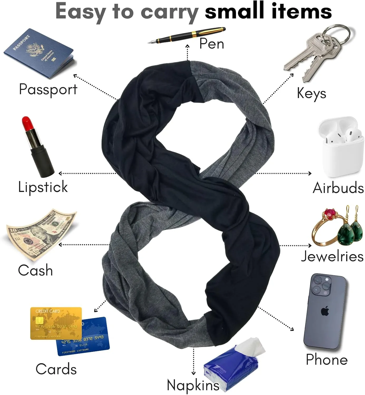 elzama Travel Scarf 2 Hidden Zipper Pocket for Women, Infinity Loop Scarf with Double Zip Pockets, Neck Wrap, Dual Color