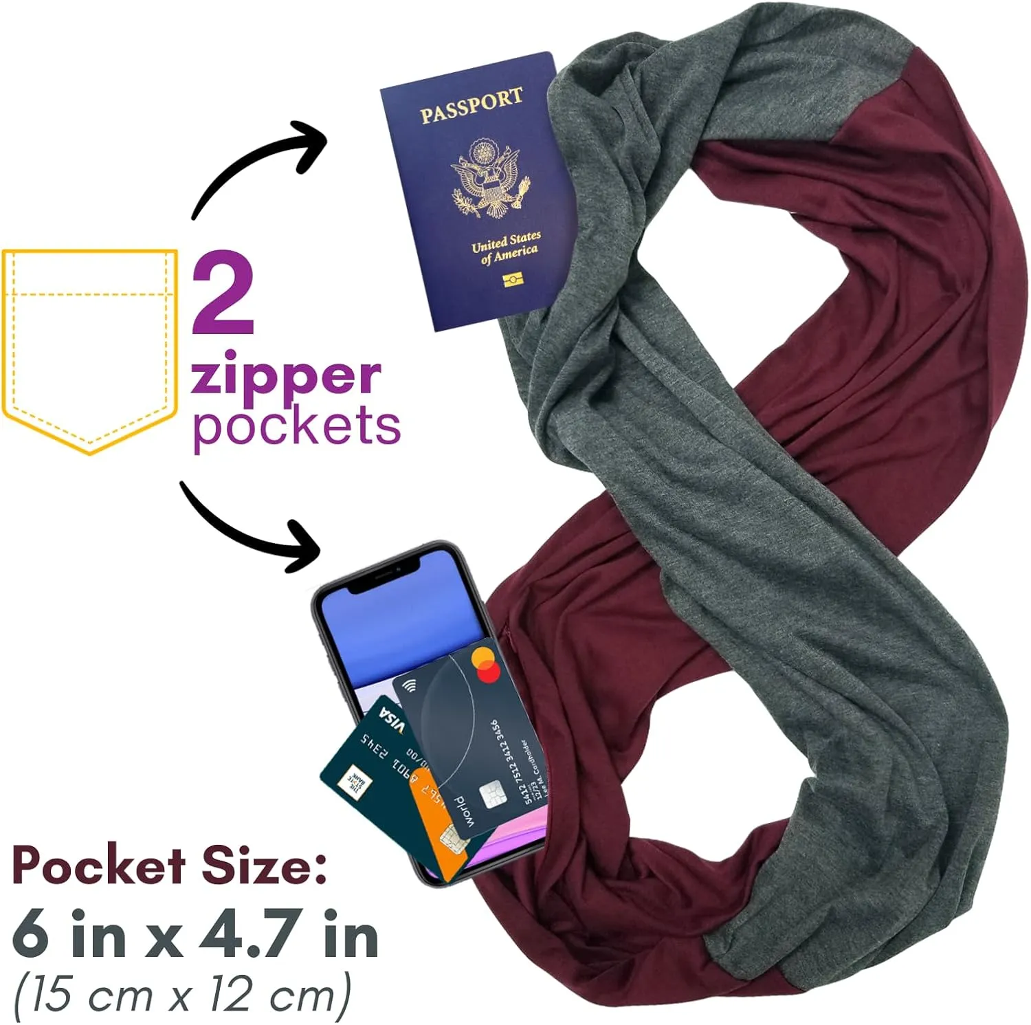 elzama Travel Scarf 2 Hidden Zipper Pocket for Women, Infinity Loop Scarf with Double Zip Pockets, Neck Wrap, Dual Color