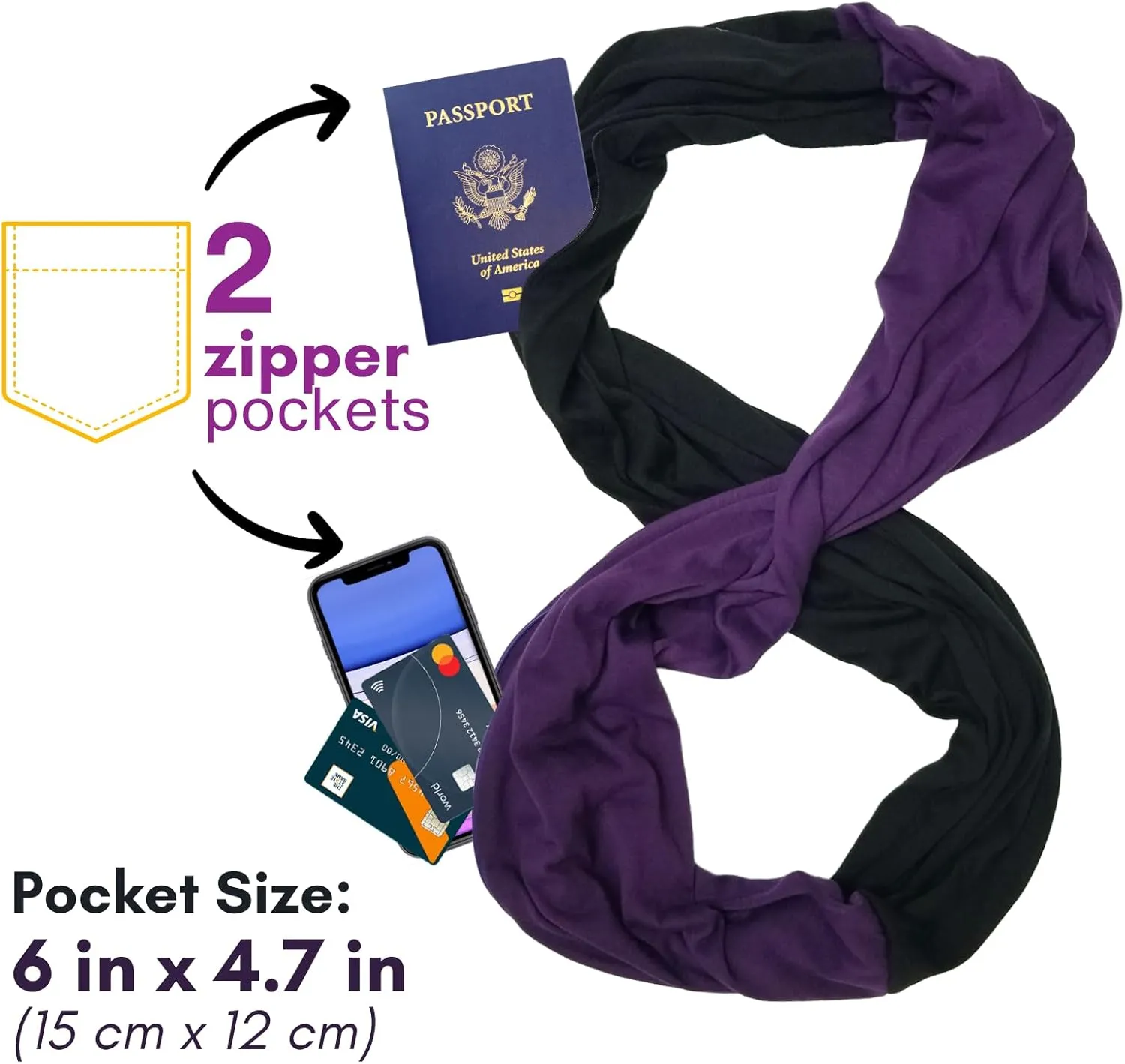 elzama Travel Scarf 2 Hidden Zipper Pocket for Women, Infinity Loop Scarf with Double Zip Pockets, Neck Wrap, Dual Color