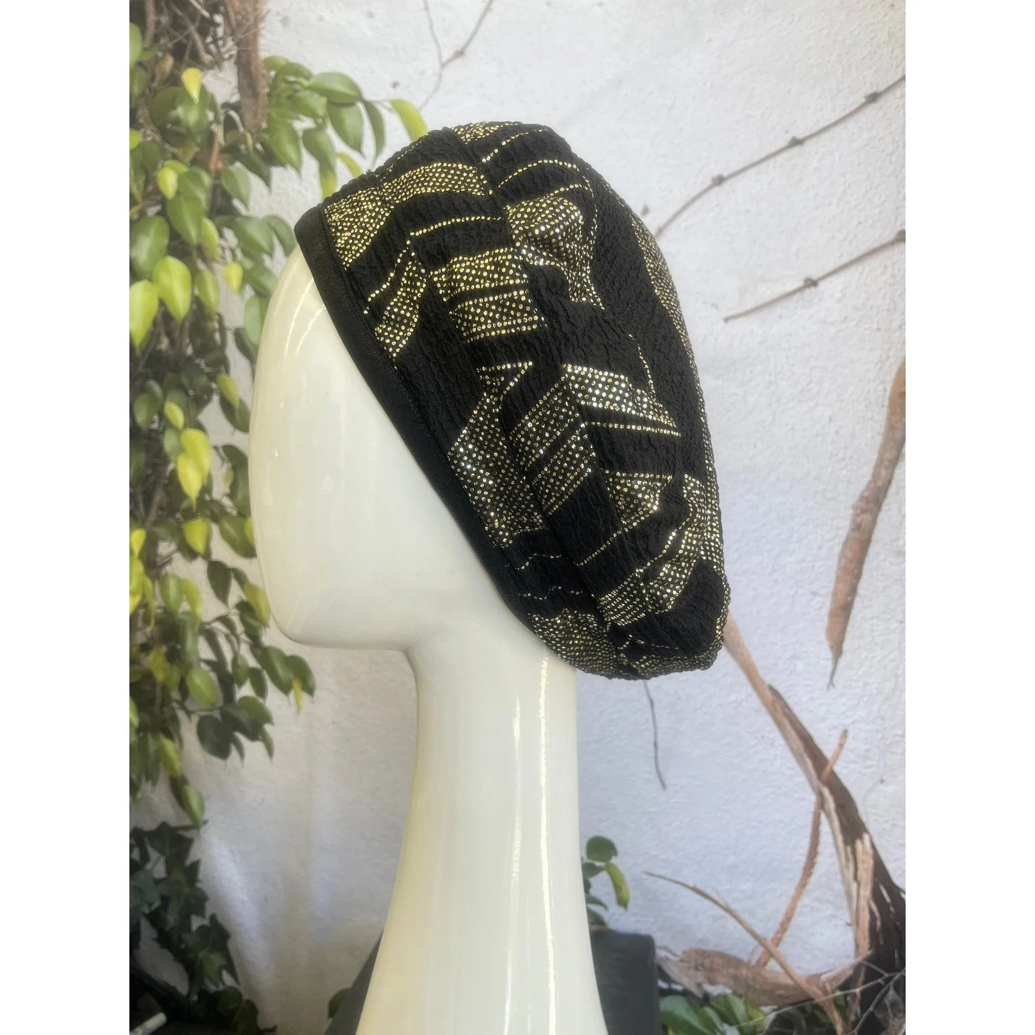 Embellished Hat - Size #2 Black/Gold Flowers