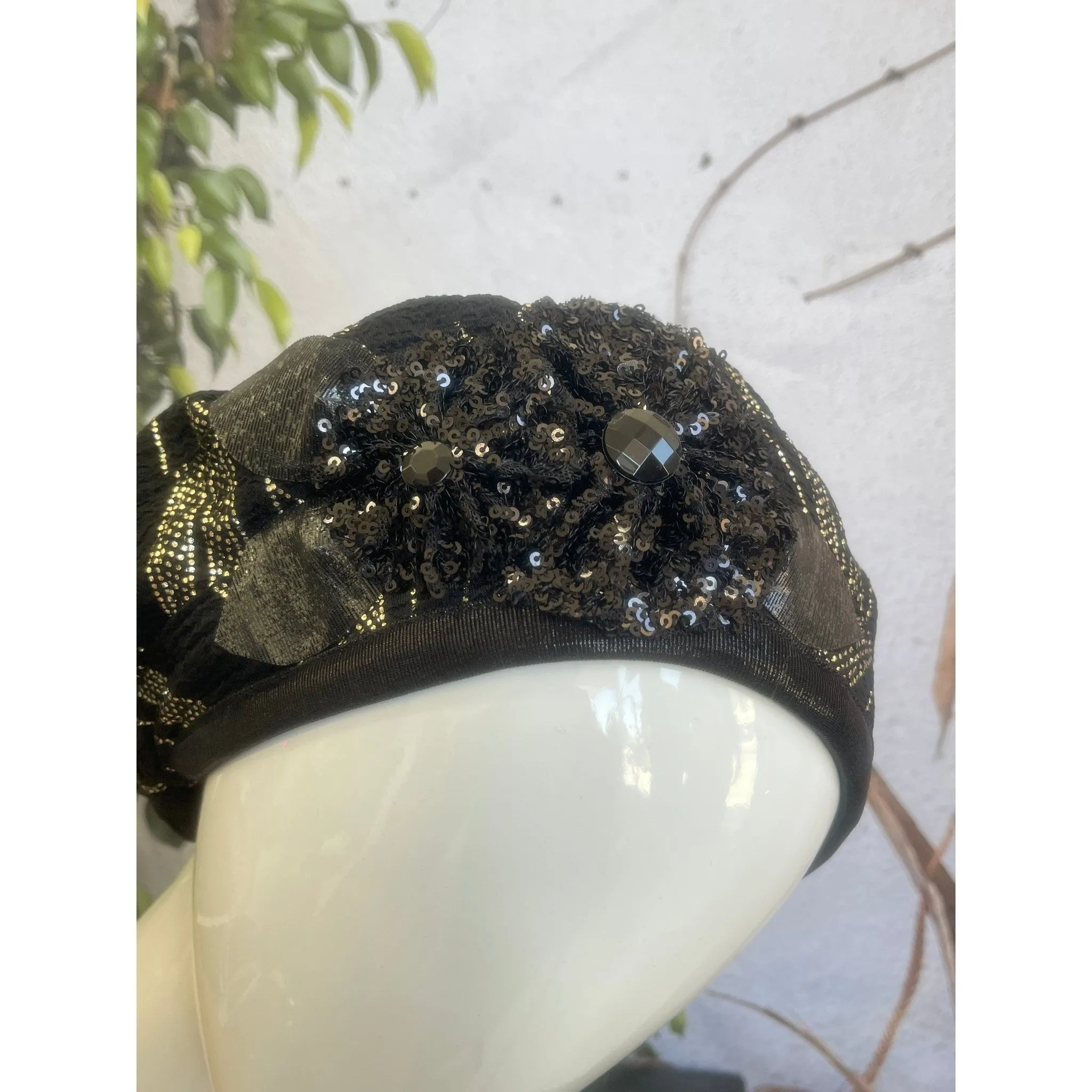 Embellished Hat - Size #2 Black/Gold Flowers