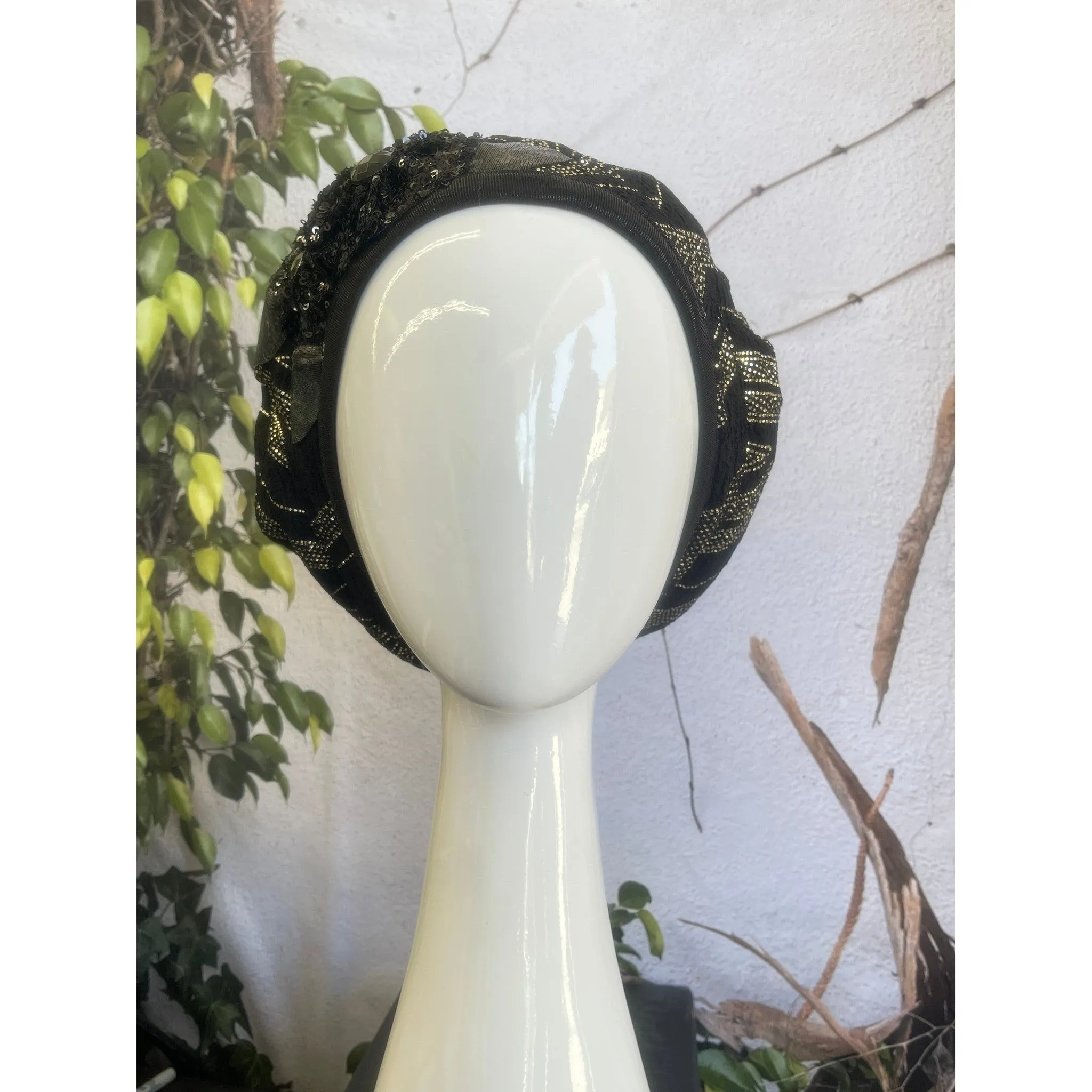 Embellished Hat - Size #2 Black/Gold Flowers