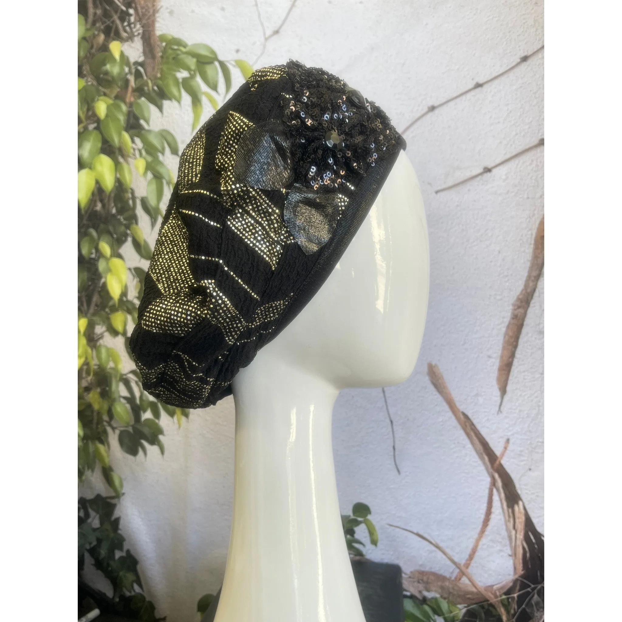 Embellished Hat - Size #2 Black/Gold Flowers