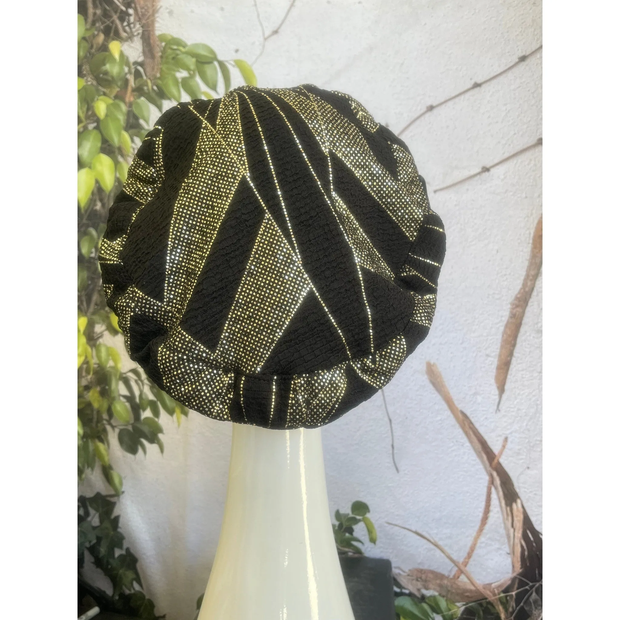 Embellished Hat - Size #2 Black/Gold Flowers