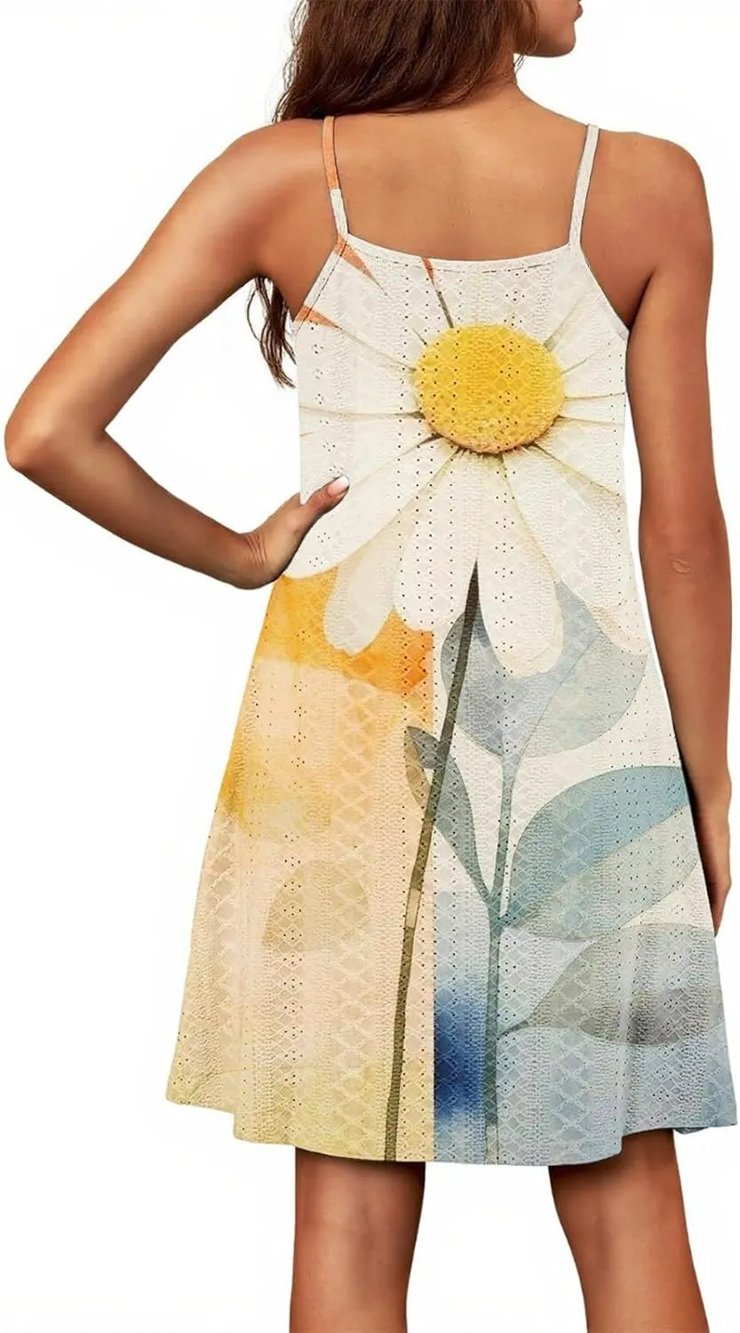 Eyelet Dresses for Women 2025 Beach Cover Up Casual Boho Floral Dress Vacation Sleeveless Cute Midi Tank Top Dress