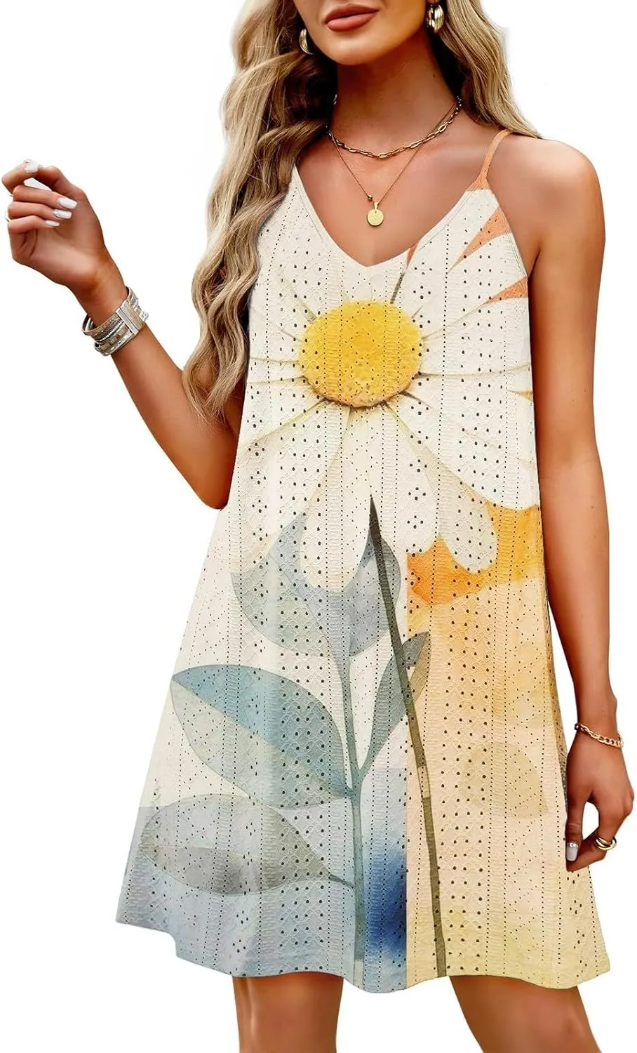 Eyelet Dresses for Women 2025 Beach Cover Up Casual Boho Floral Dress Vacation Sleeveless Cute Midi Tank Top Dress